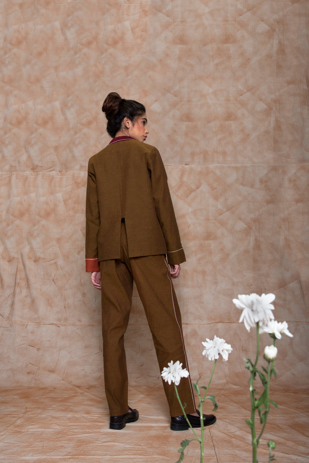 Brown Custom Jacket at kamakhyaa.com by Anushé Pirani. This item is Brown, Embroidered, Jackets, Natural, Ocean of Stories, Ocean of Stories by Anushe Pirani, Office Wear, Relaxed Fit, Winter Products, Womenswear