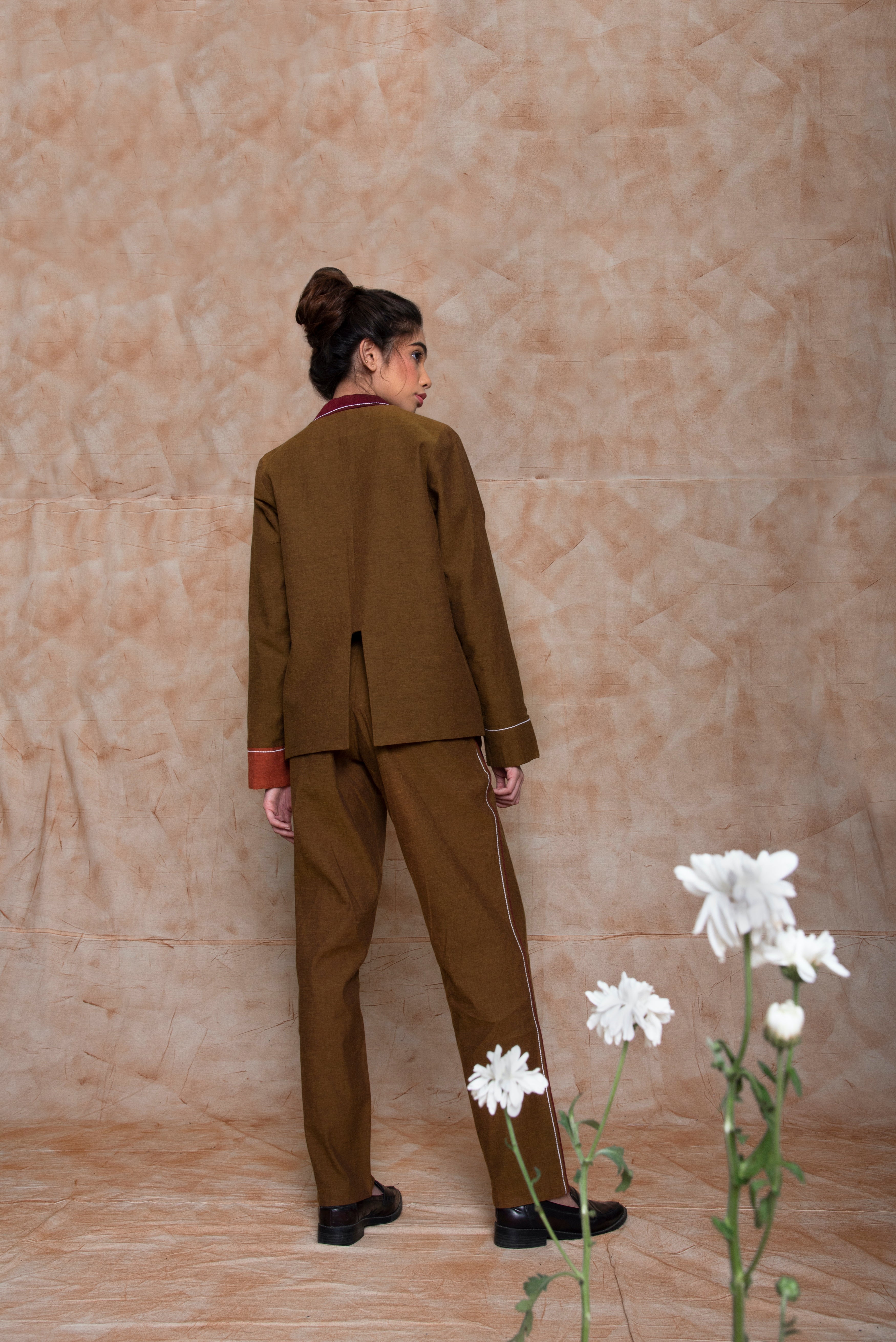 Brown Custom Jacket at kamakhyaa.com by Anushé Pirani. This item is Brown, Embroidered, Jackets, Natural, Ocean of Stories, Ocean of Stories by Anushe Pirani, Office Wear, Relaxed Fit, Winter Products, Womenswear