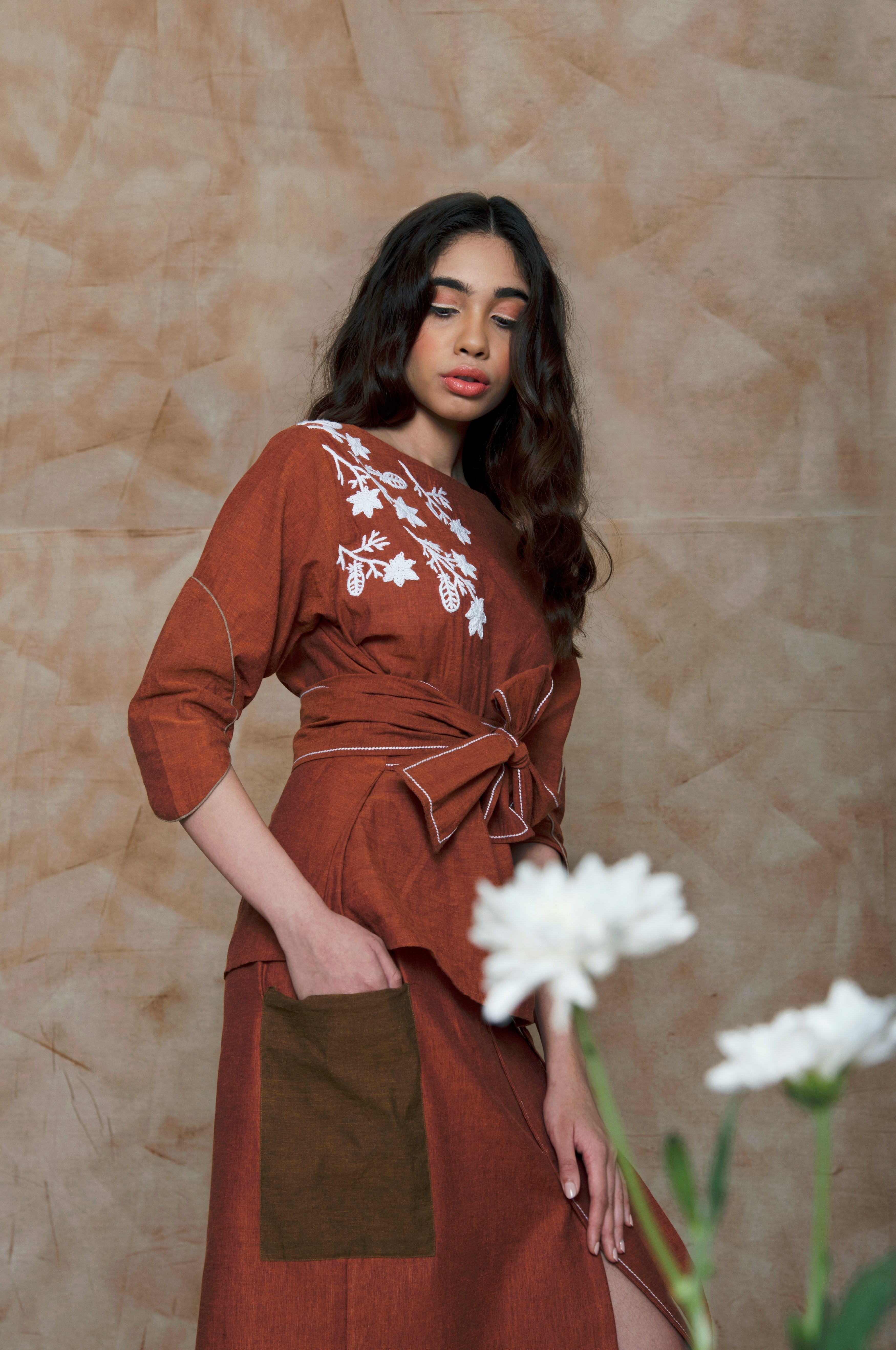 Brown Midi Skirt at kamakhyaa.com by Anushé Pirani. This item is Brown, Cotton, July Sale, Midi Skirt, Mini Skirts, Natural, Ocean of Stories, Ocean of Stories by Anushe Pirani, Office Wear, Regular Fit, Skirts, Solids, Womenswear