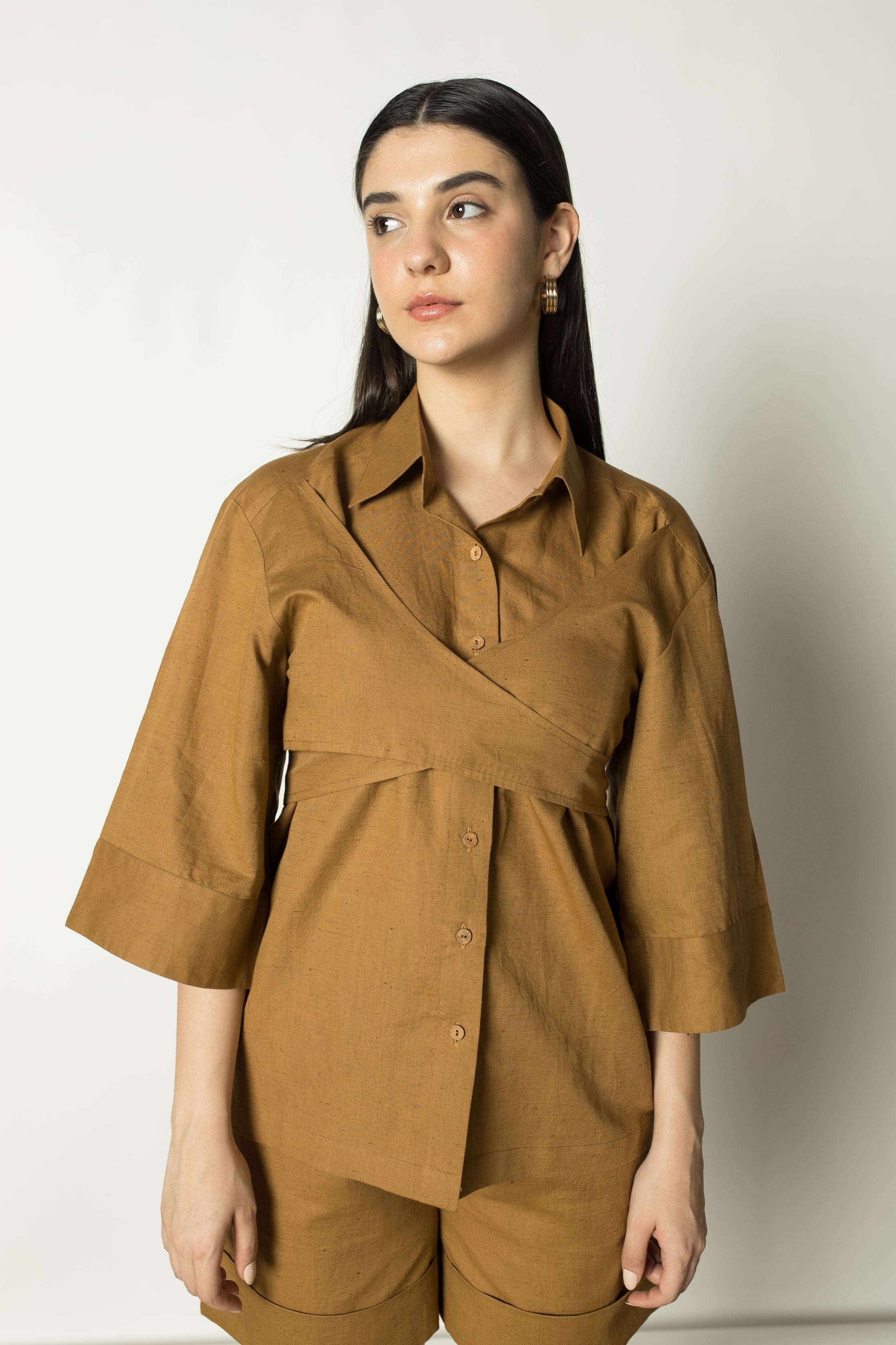 Brown Overlay Shirt at kamakhyaa.com by Anushé Pirani. This item is Casual Wear, Cotton Hemp, Everyday Ethos, Nostalgic Whispers by Anushe Pirani, Regular Fit, Review September 2025, Shirts, Solids, Womenswear