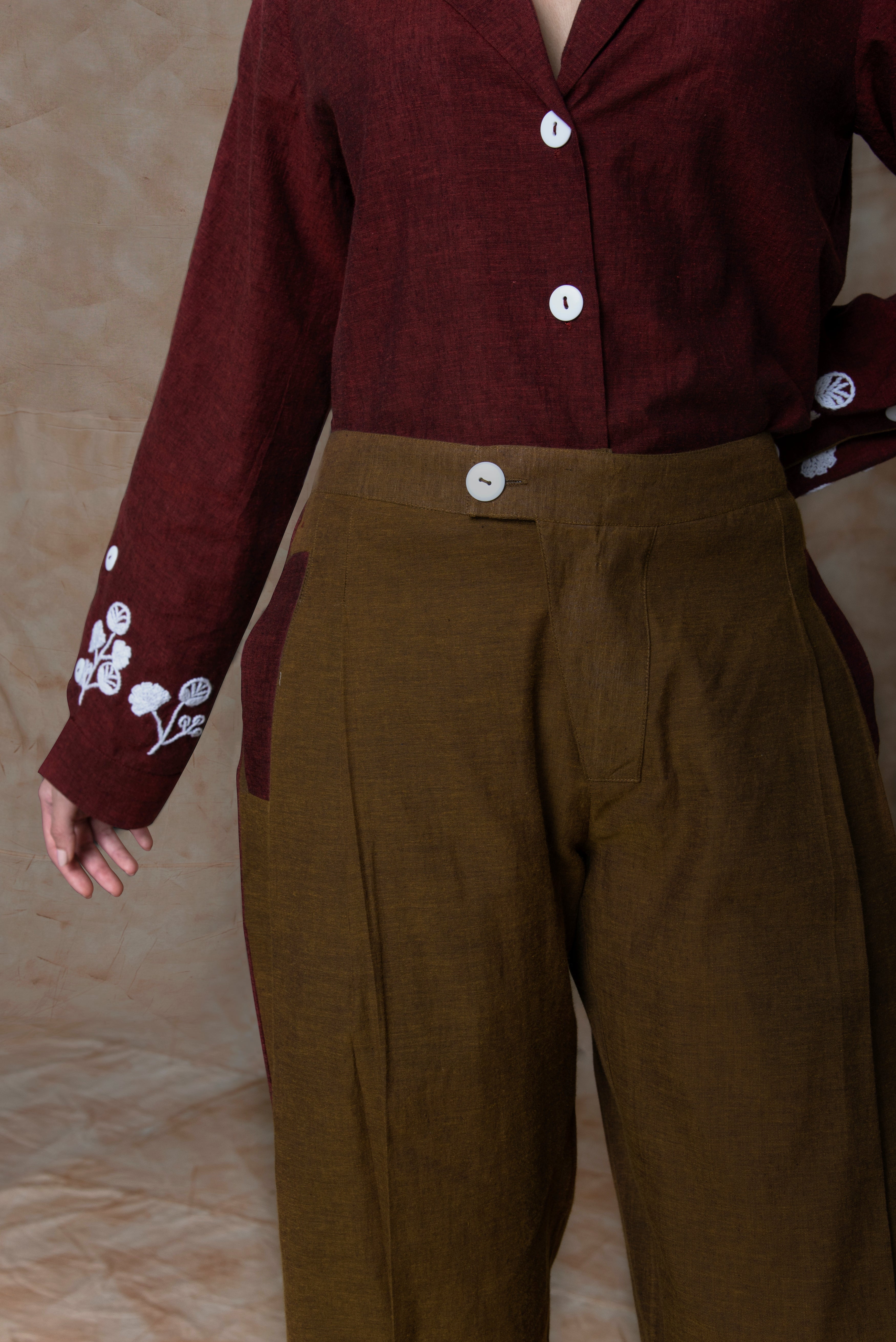 Brown Straight Leg Pants at kamakhyaa.com by Anushé Pirani. This item is Brown, Cotton, Embroidered, Handwoven, Natural, Ocean of Stories, Ocean of Stories by Anushe Pirani, Office Wear, Pants, Regular Fit, Womenswear