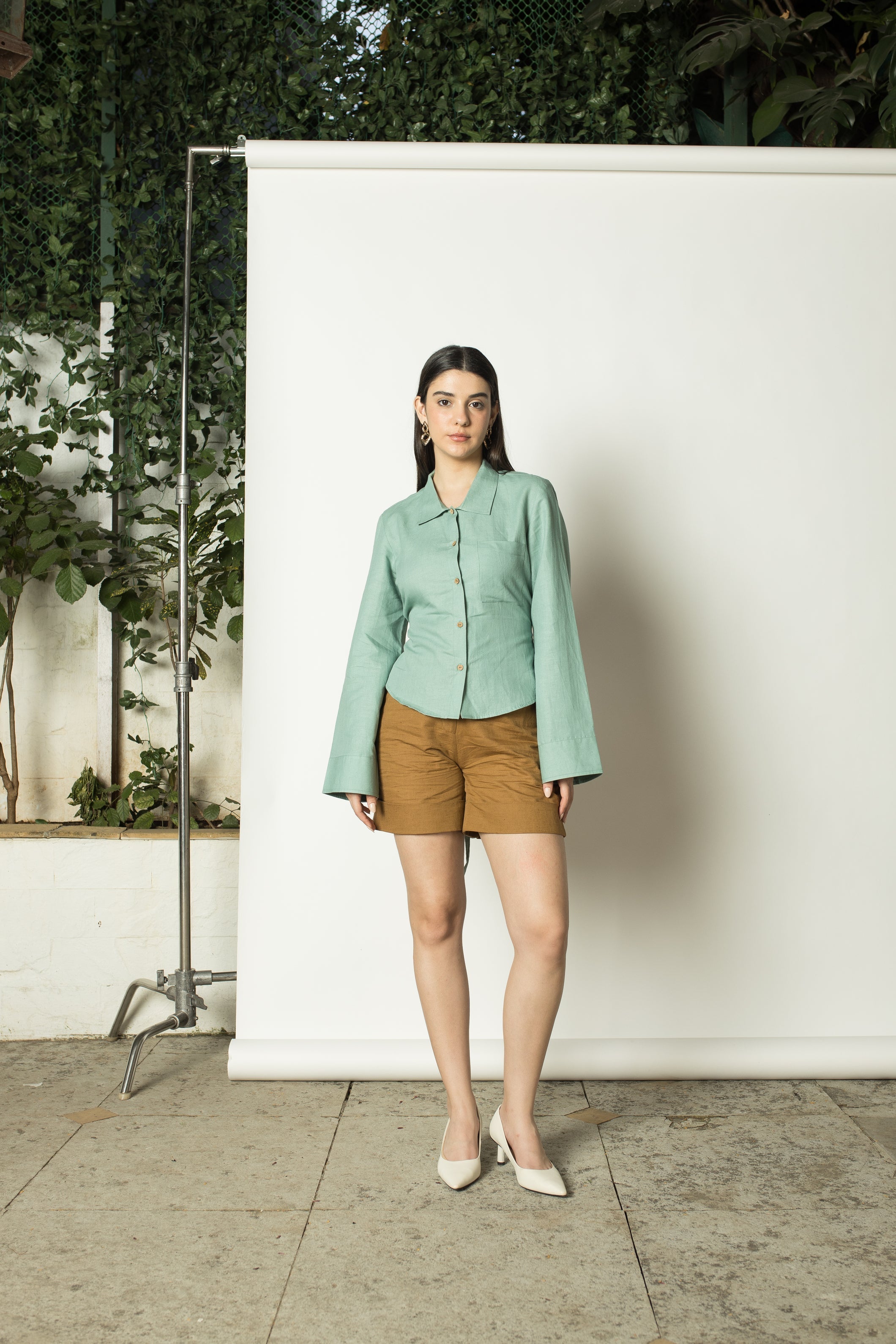 Brown Straight-Leg Shorts at kamakhyaa.com by Anushé Pirani. This item is Brown, Casual Wear, Console Collection List, Cotton, Hemp, Nostalgic Whispers by Anushe Pirani, Regular Fit, Review September 2025, Shorts, Womenswear