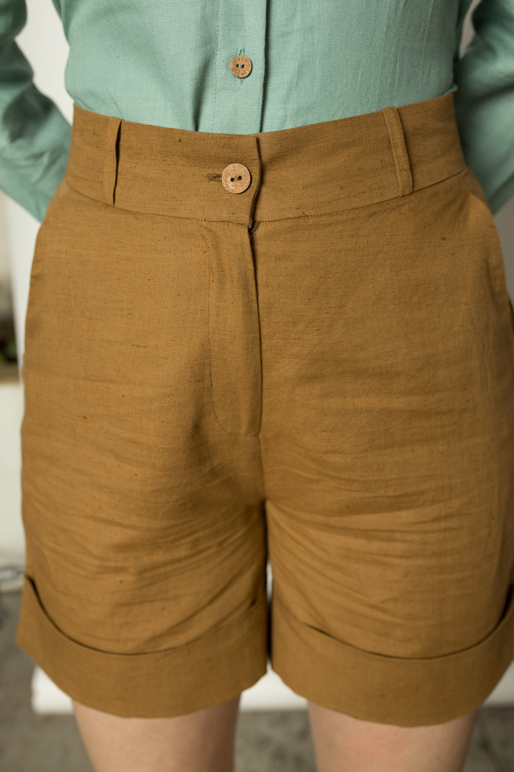 Brown Straight-Leg Shorts at kamakhyaa.com by Anushé Pirani. This item is Brown, Casual Wear, Console Collection List, Cotton, Hemp, Nostalgic Whispers by Anushe Pirani, Regular Fit, Review September 2025, Shorts, Womenswear