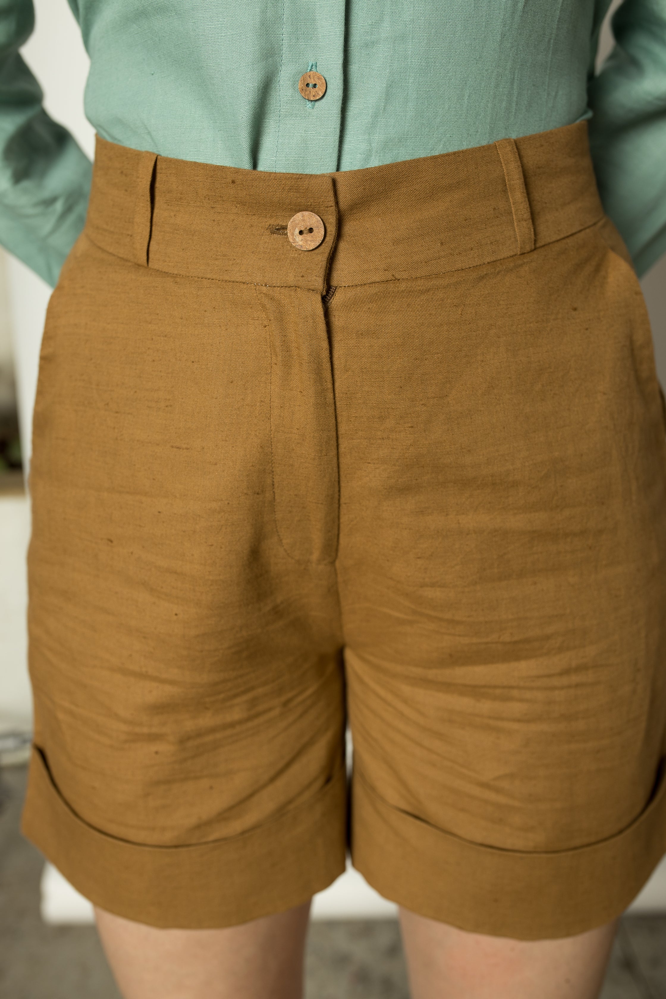 Brown Straight-Leg Shorts at kamakhyaa.com by Anushé Pirani. This item is Brown, Casual Wear, Console Collection List, Cotton, Hemp, Nostalgic Whispers by Anushe Pirani, Regular Fit, Review September 2025, Shorts, Womenswear
