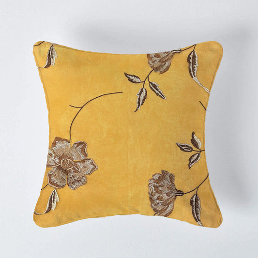 Budding Lily Cushion Cover Sets at Kamakhyaa by Aetherea. This item is Biege, Cushion covers, Embroidered, Gold, Lily, Made from Natural Materials, Metallic, Satin, Sheer, Upcycled