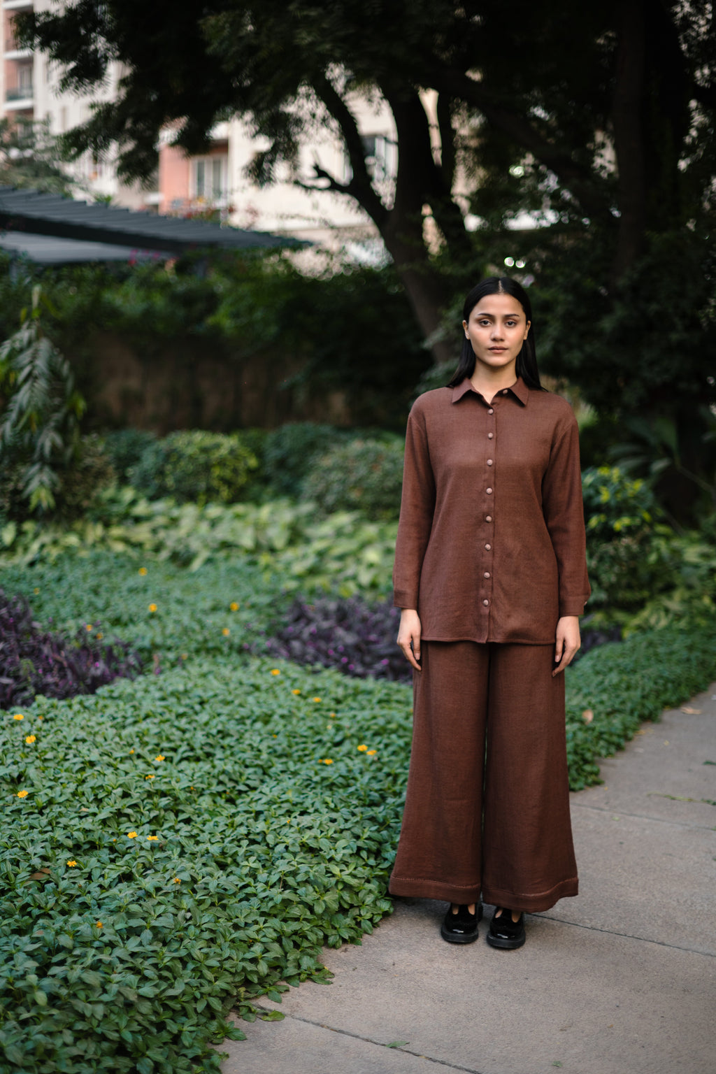 Burnt Brown Merino Wool Coord Set Mahonia at Kamakhyaa by Raas. This item is Brown, Merino Wool, Regular Fit, Uru by Raas, Winter WearOffice Wear Co-ords, Woven