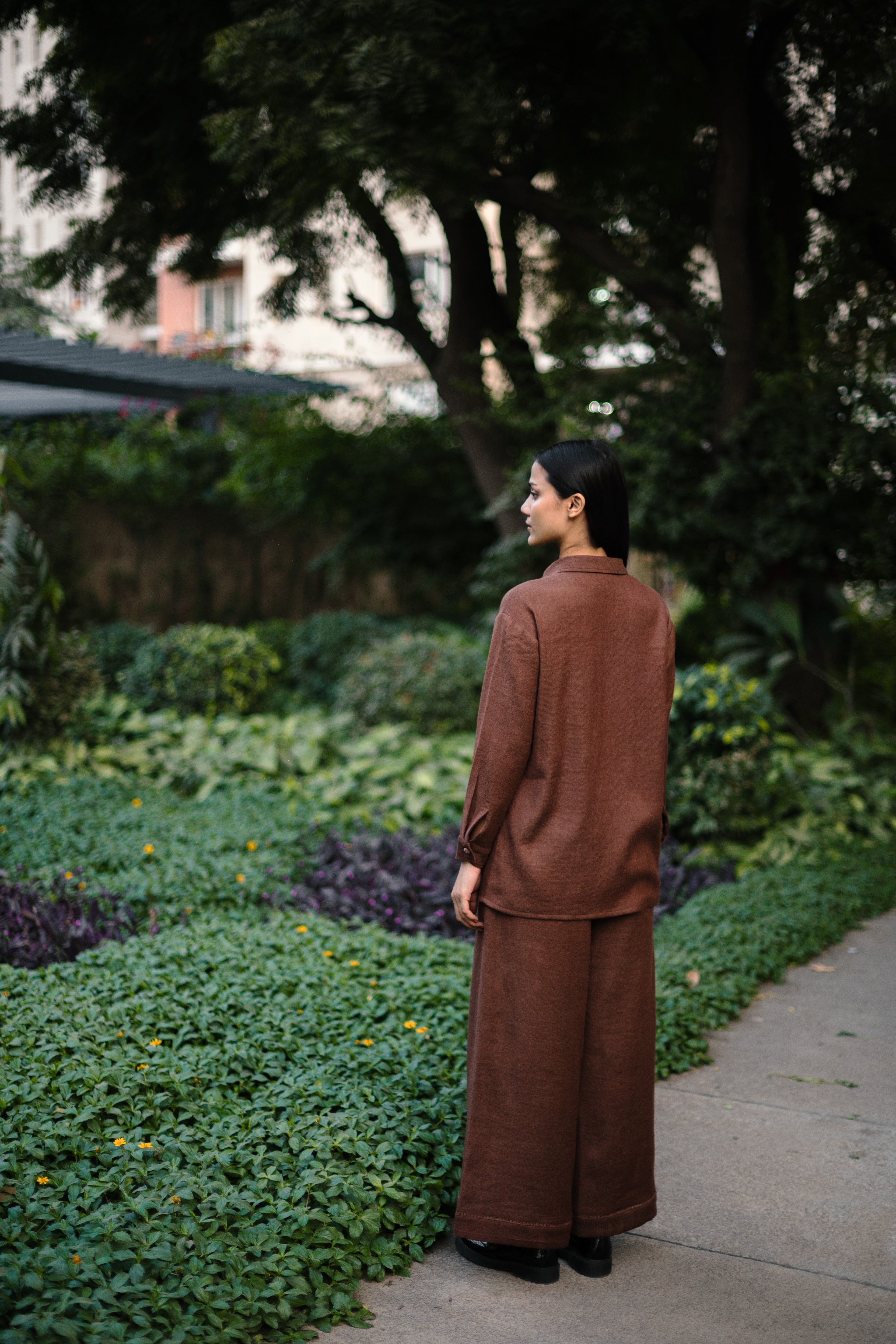 Burnt Brown Merino Wool Coord Set Mahonia at Kamakhyaa by Raas. This item is Brown, Merino Wool, Regular Fit, Uru by Raas, Winter WearOffice Wear Co-ords, Woven