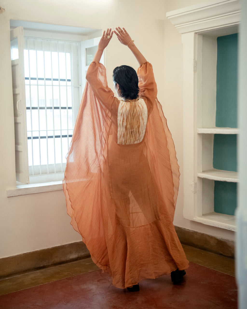 Burnt Sepia at Kamakhyaa by The Loom Art. This item is Casual Wear, Chanderi Organza Silk, July Sale, July Sale 2023, Kaftan Dresses, Kaftans, Lucid Dreams, Luicid Dream, Maxi Dresses, Organic, Relaxed Fit, Womenswear