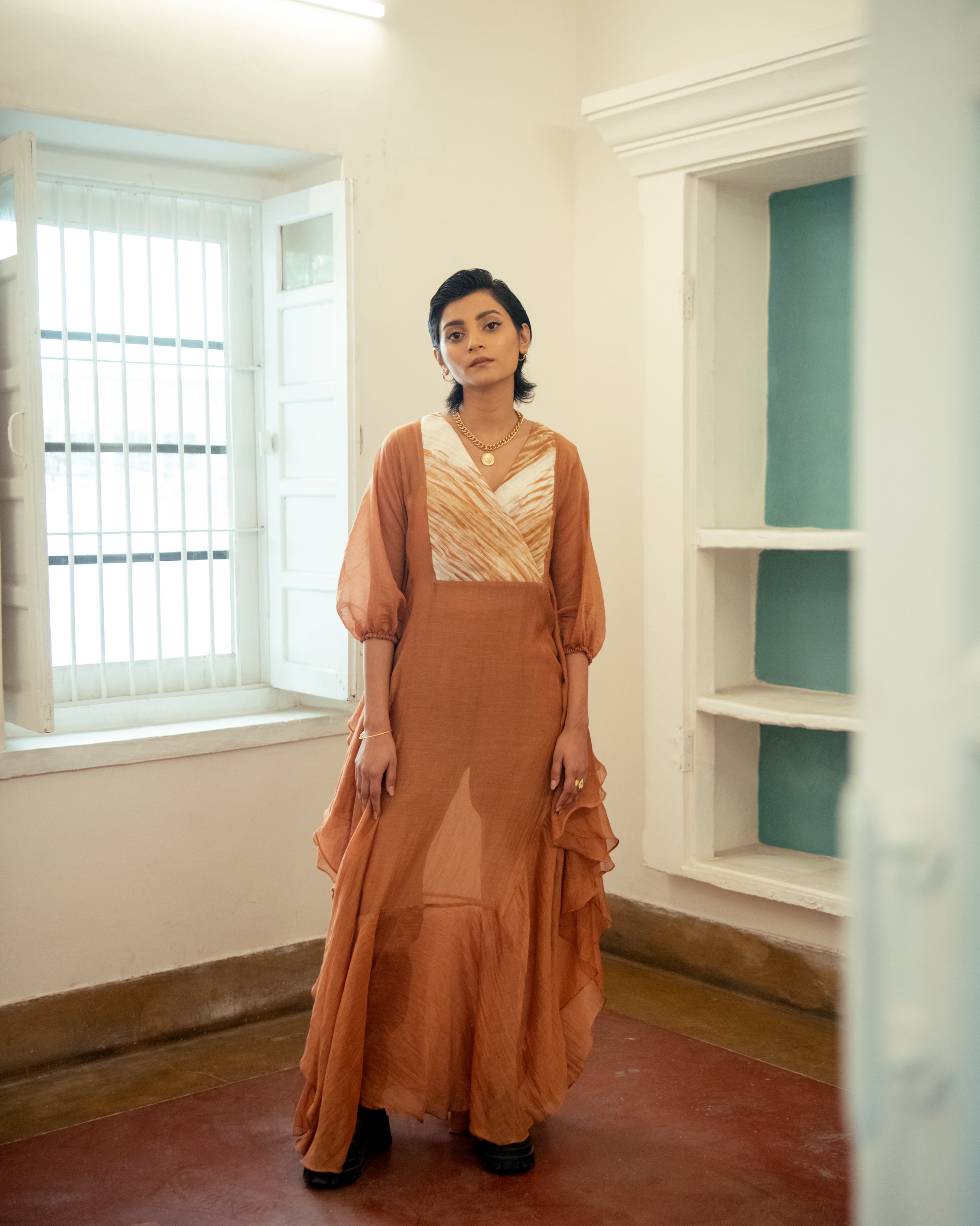 Burnt Sepia at Kamakhyaa by The Loom Art. This item is Casual Wear, Chanderi Organza Silk, July Sale, July Sale 2023, Kaftan Dresses, Kaftans, Lucid Dreams, Luicid Dream, Maxi Dresses, Organic, Relaxed Fit, Womenswear