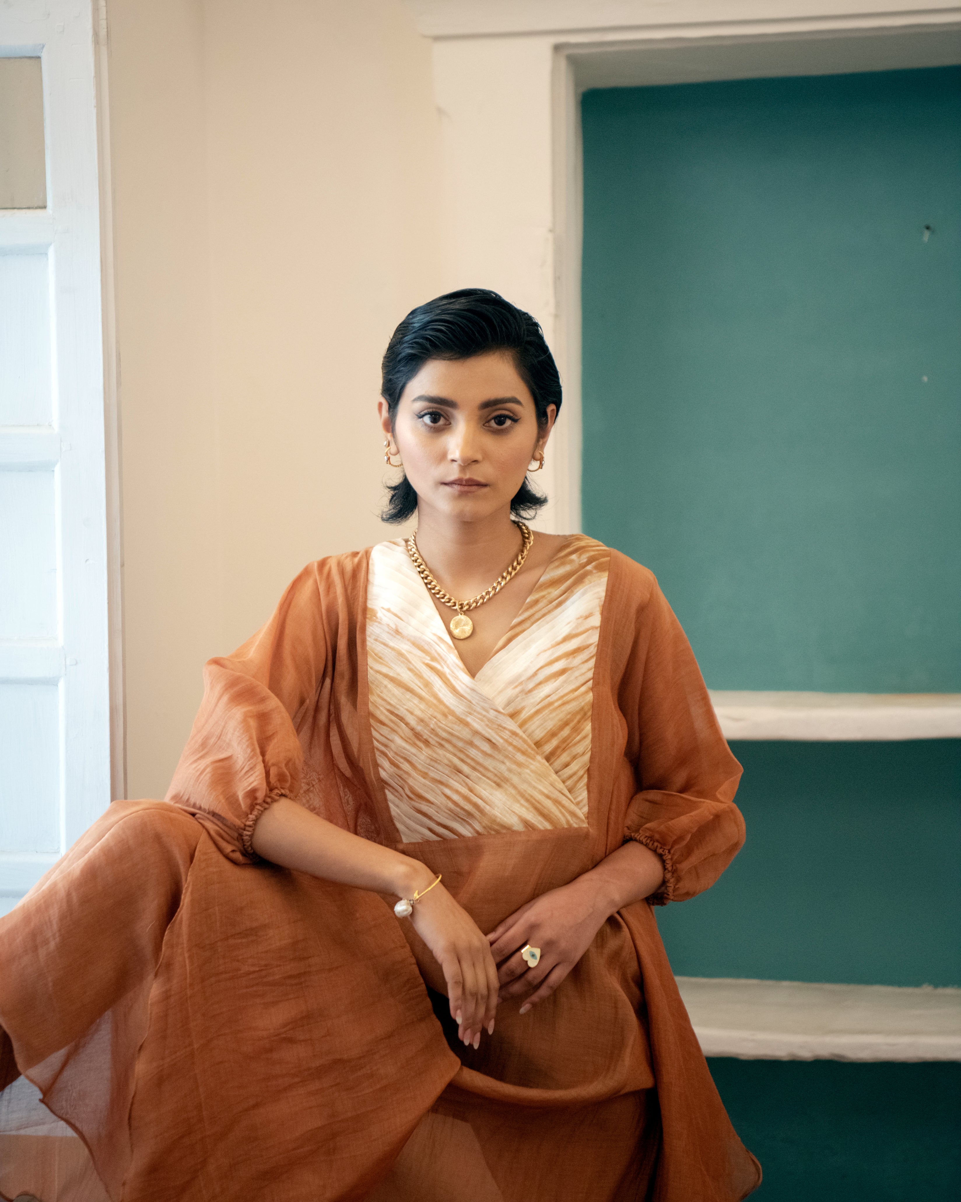 Burnt Sepia at Kamakhyaa by The Loom Art. This item is Casual Wear, Chanderi Organza Silk, July Sale, July Sale 2023, Kaftan Dresses, Kaftans, Lucid Dreams, Luicid Dream, Maxi Dresses, Organic, Relaxed Fit, Womenswear