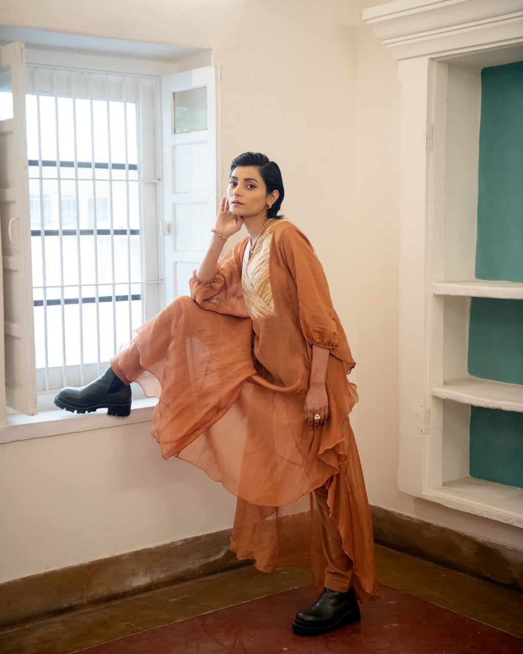 Burnt Sepia at Kamakhyaa by The Loom Art. This item is Casual Wear, Chanderi Organza Silk, July Sale, July Sale 2023, Kaftan Dresses, Kaftans, Lucid Dreams, Luicid Dream, Maxi Dresses, Organic, Relaxed Fit, Womenswear