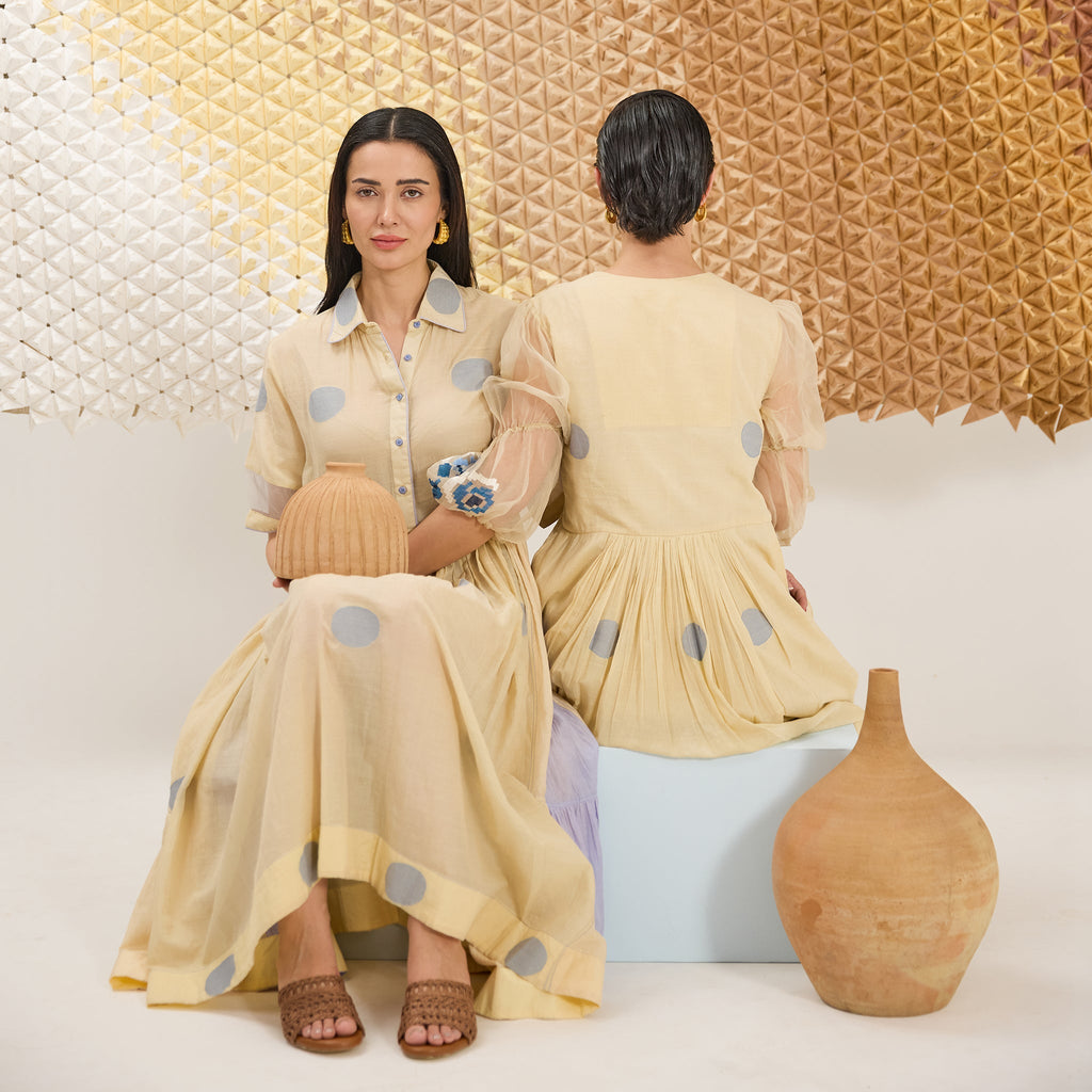 Buttercup Bloom at Kamakhyaa by The Loom Art. This item is Artisan made, Eco friendly, Fluer De Code by The Loom Art, Handwoven, Handwoven Jamdani Cotton Silk, Organic, Shirt Dresses, Solids, Yellow