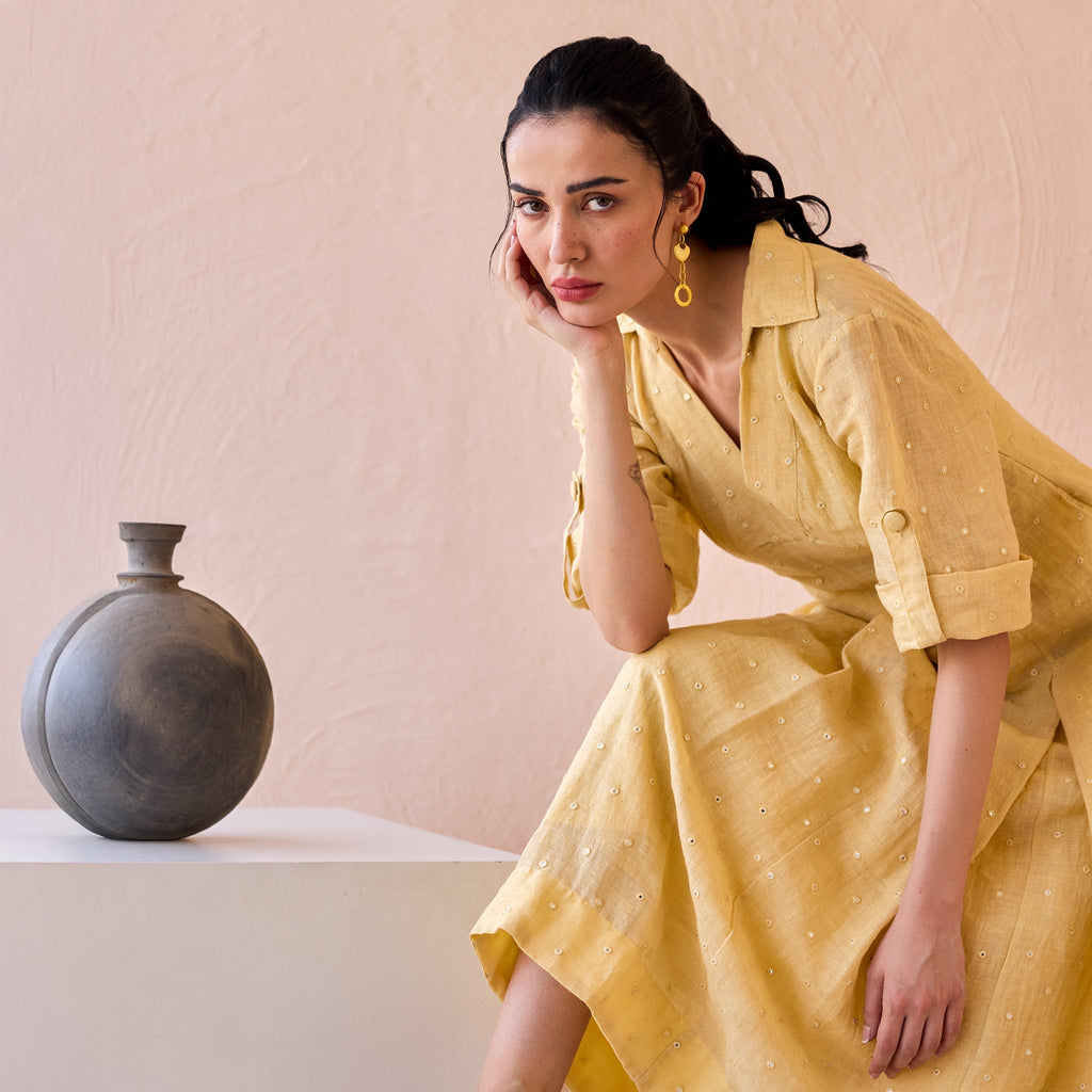 Buttermilk Drift at Kamakhyaa by The Loom Art. This item is Beige, Fluer De Code by The Loom Art, Linen, Mirror Work