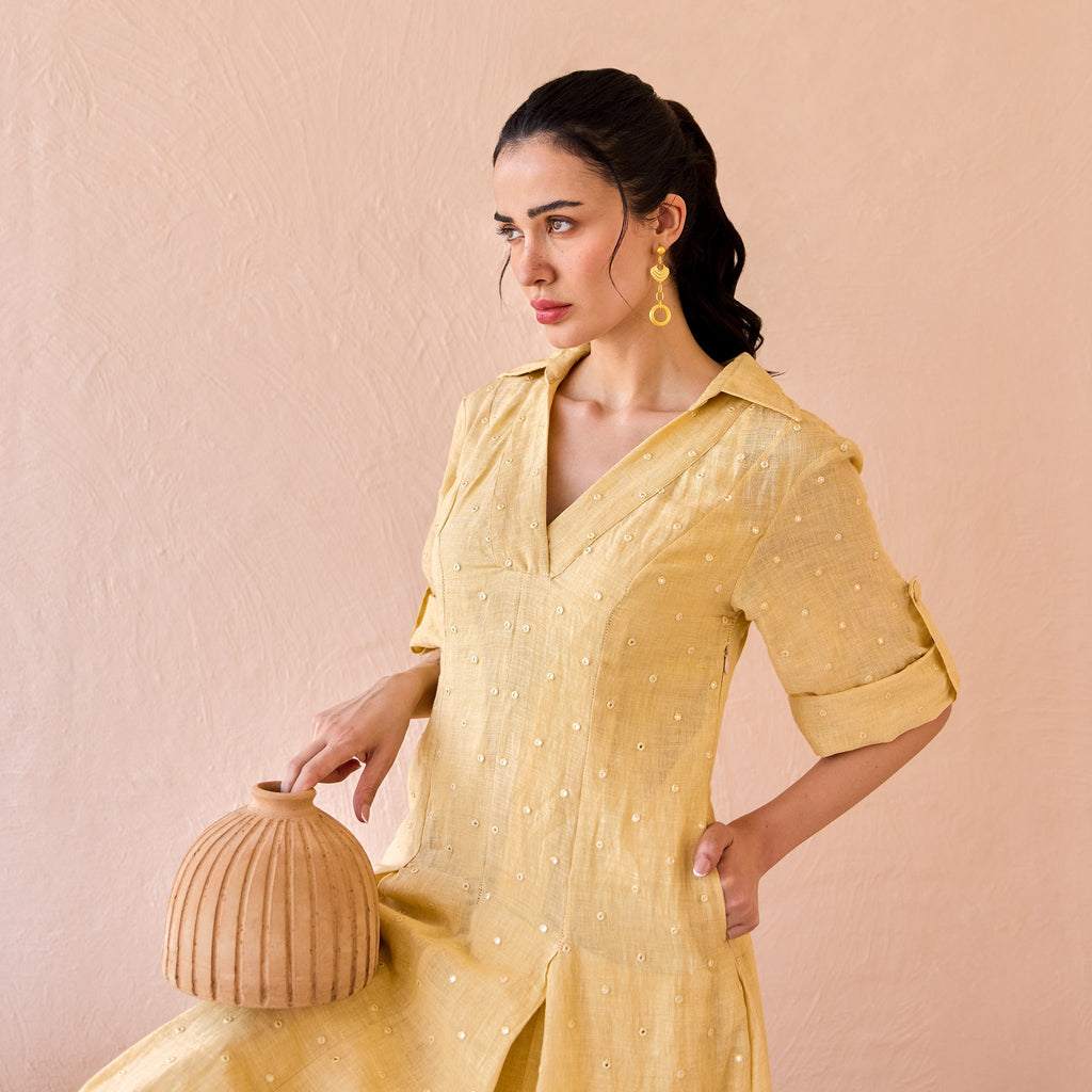 Buttermilk Drift at Kamakhyaa by The Loom Art. This item is Beige, Fluer De Code by The Loom Art, Linen, Mirror Work