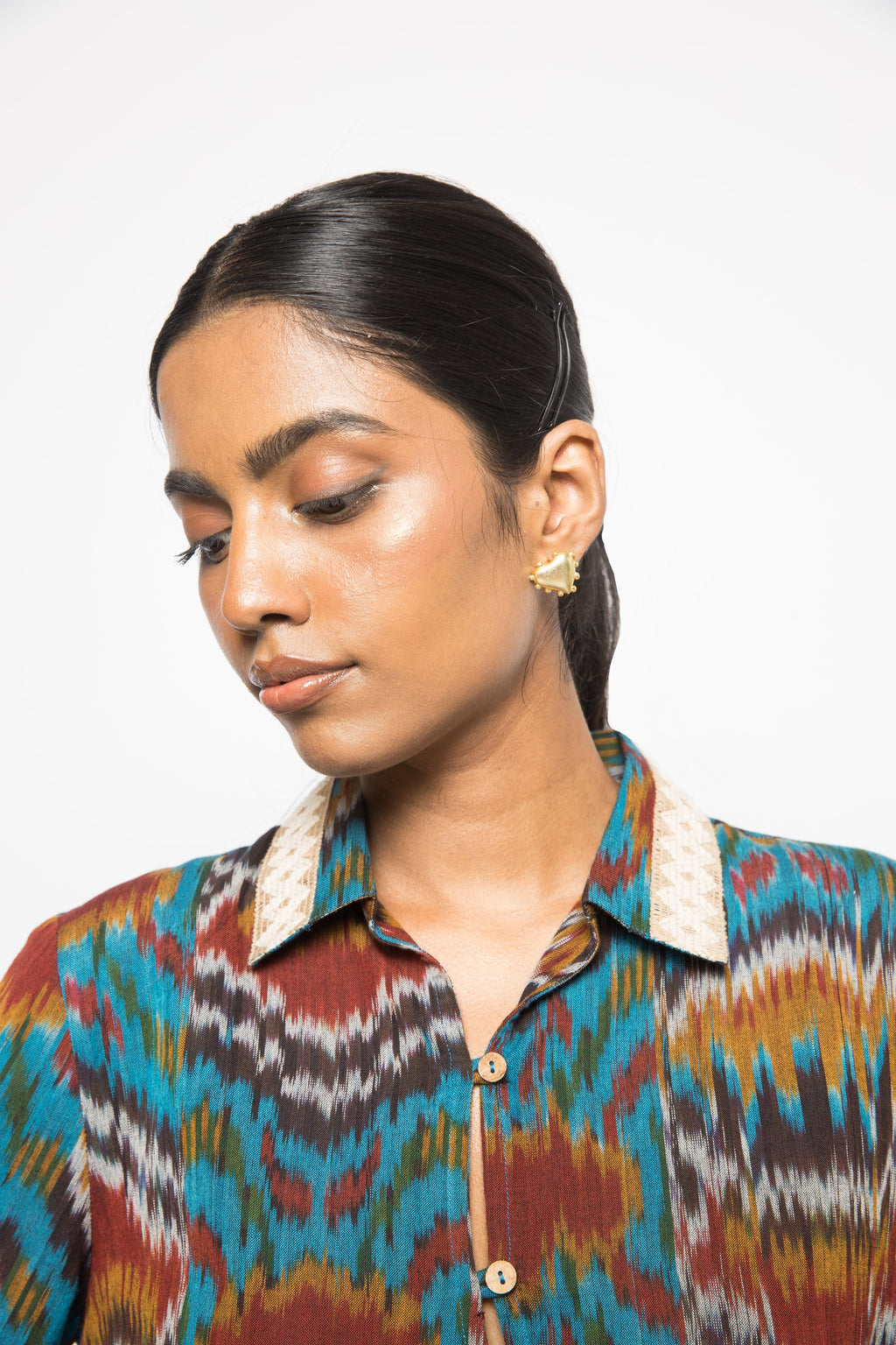 Button-Up Shirt at kamakhyaa.com by Anushé Pirani. This item is 100% Cotton, Beach Wear, Casual Wear, Console Collection List, Cotton, Fresh Ink by Anushe Pirani, Handwoven cotton, Ikat Prints, Regular Fit, Turquoise, Vacation Wear, Womenswear