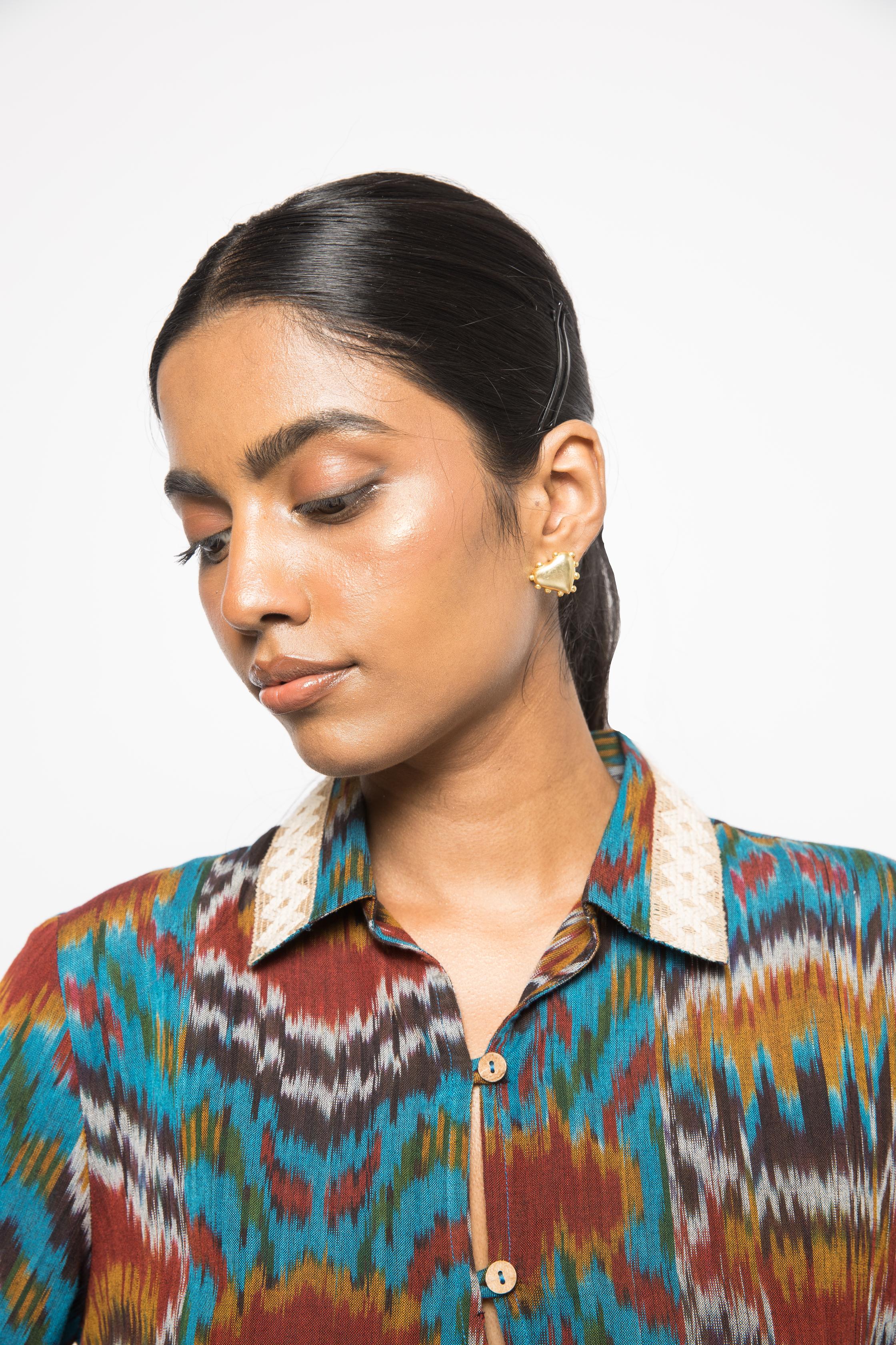 Button-Up Shirt at kamakhyaa.com by Anushé Pirani. This item is 100% Cotton, Beach Wear, Casual Wear, Console Collection List, Cotton, Fresh Ink by Anushe Pirani, Handwoven cotton, Ikat Prints, Regular Fit, Turquoise, Vacation Wear, Womenswear