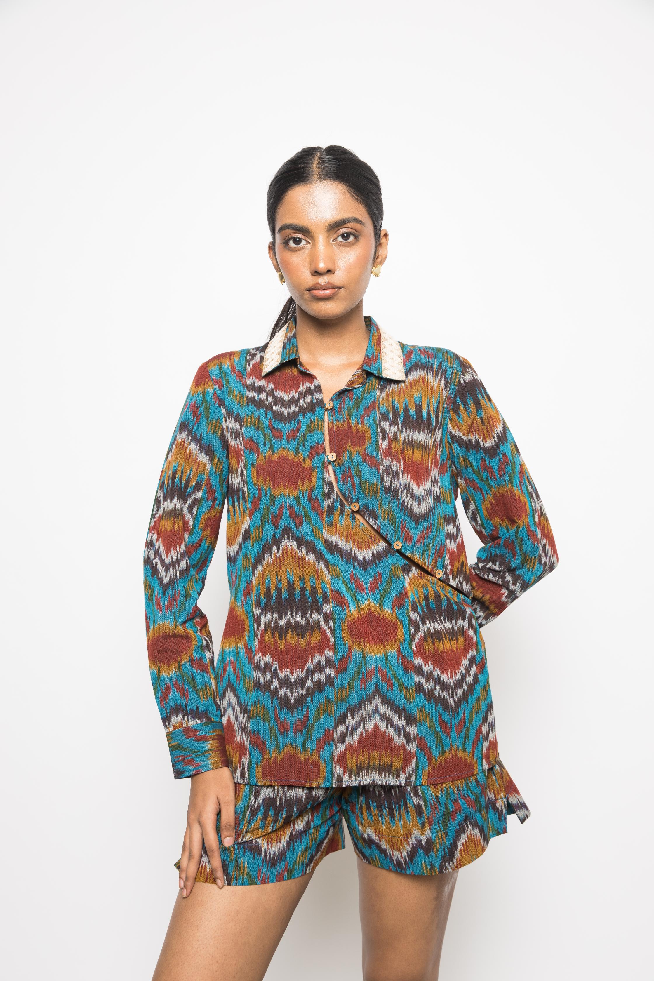Button-Up Shirt at kamakhyaa.com by Anushé Pirani. This item is 100% Cotton, Beach Wear, Casual Wear, Console Collection List, Cotton, Fresh Ink by Anushe Pirani, Handwoven cotton, Ikat Prints, Regular Fit, Turquoise, Vacation Wear, Womenswear