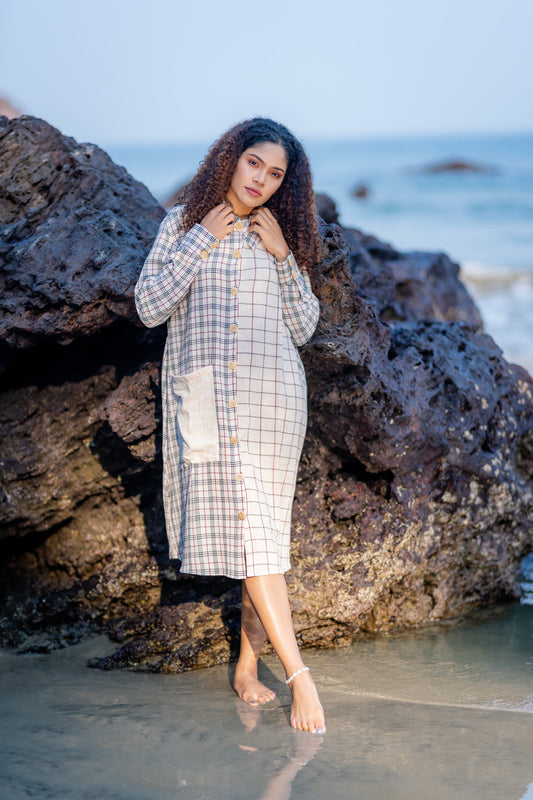 Buttoned Cotton Shirt Dress with Checks Pattern at Kamakhyaa by Krushnachuda. This item is Checks, Handloom Cotton, Midi Dresses, Multicolor, Natural Dye, Organic, Relaxed Fit, Resort Wear
