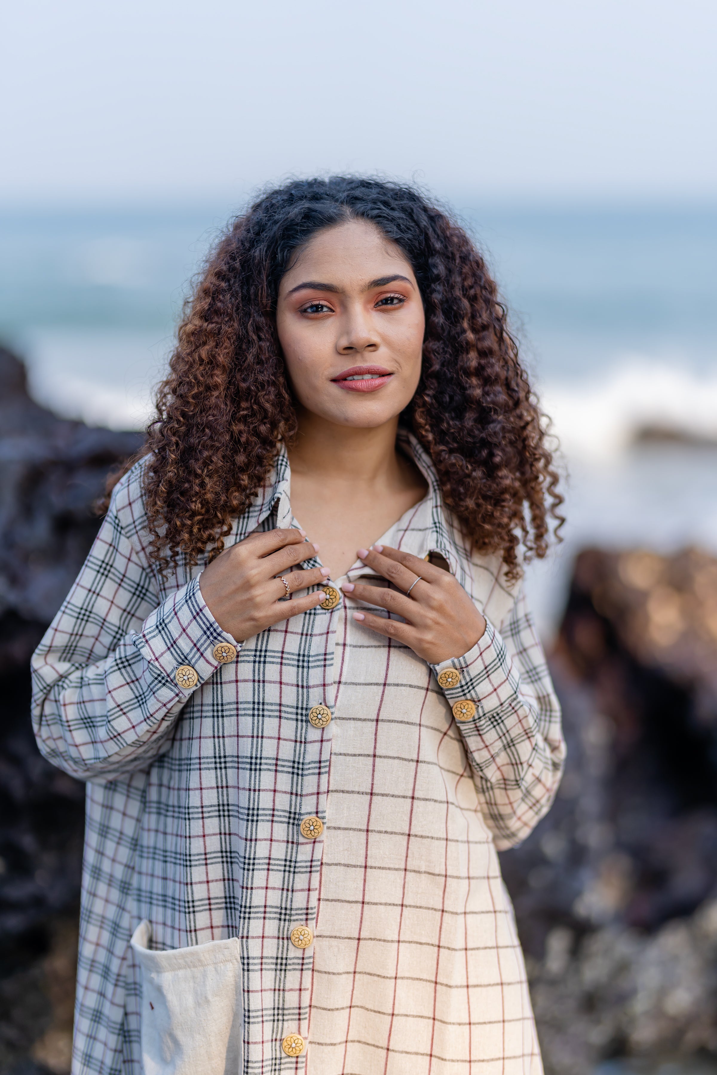 Buttoned Cotton Shirt Dress with Checks Pattern at Kamakhyaa by Krushnachuda. This item is Checks, Handloom Cotton, Midi Dresses, Multicolor, Natural Dye, Organic, Relaxed Fit, Resort Wear