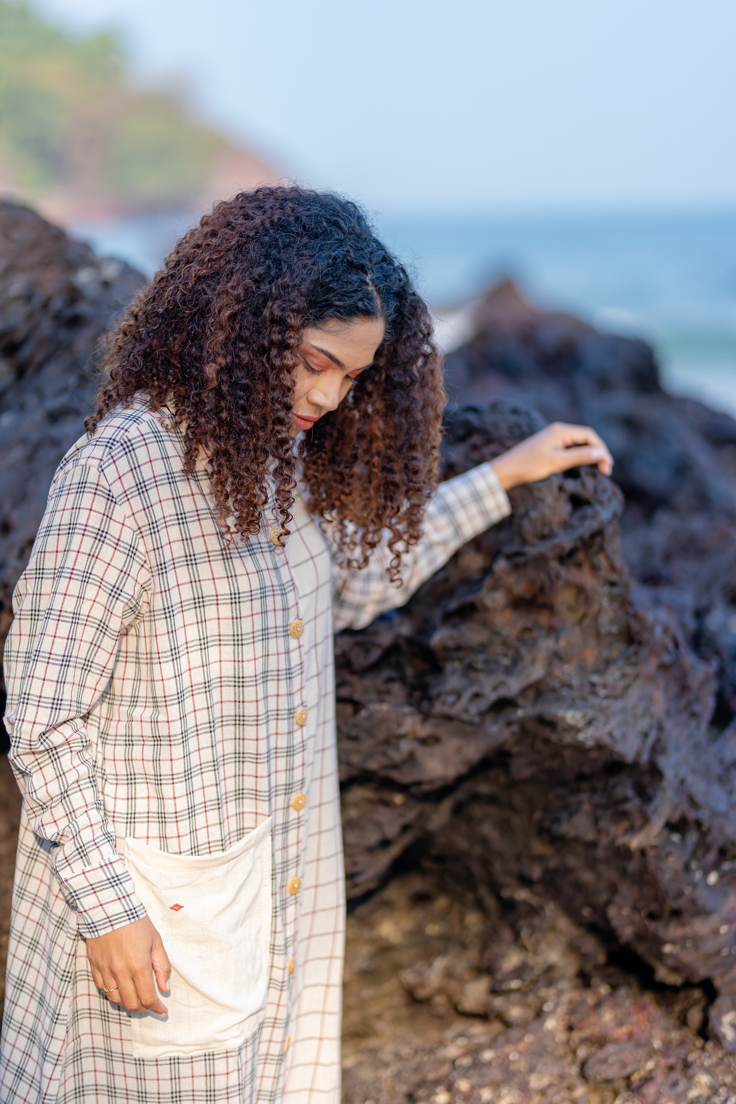 Buttoned Cotton Shirt Dress with Checks Pattern at Kamakhyaa by Krushnachuda. This item is Checks, Handloom Cotton, Midi Dresses, Multicolor, Natural Dye, Organic, Relaxed Fit, Resort Wear