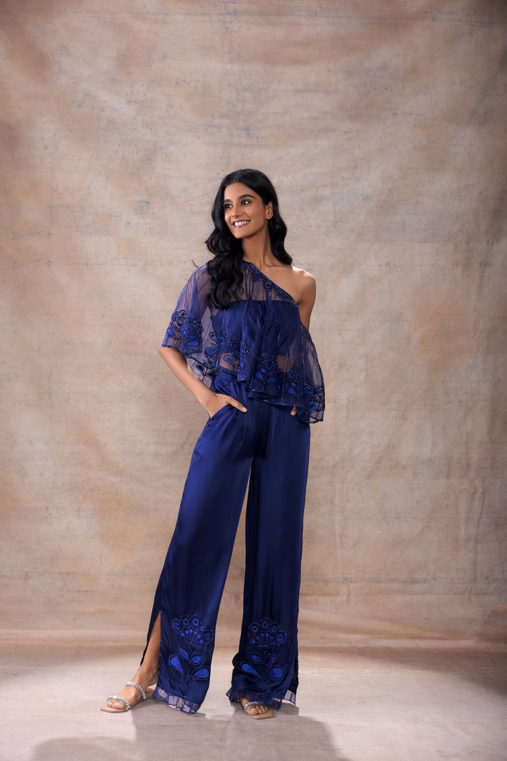 Cape with Bralette and Pant Set at Kamakhyaa by Akashi Clothing. This item is Complete Sets, Evening Wear, Hand Embroidered, missing, Modal Satin, Navy Blue, Organza, Party Wear, Relaxed Fit, Womenswear, Zaira by Akashi Clothing