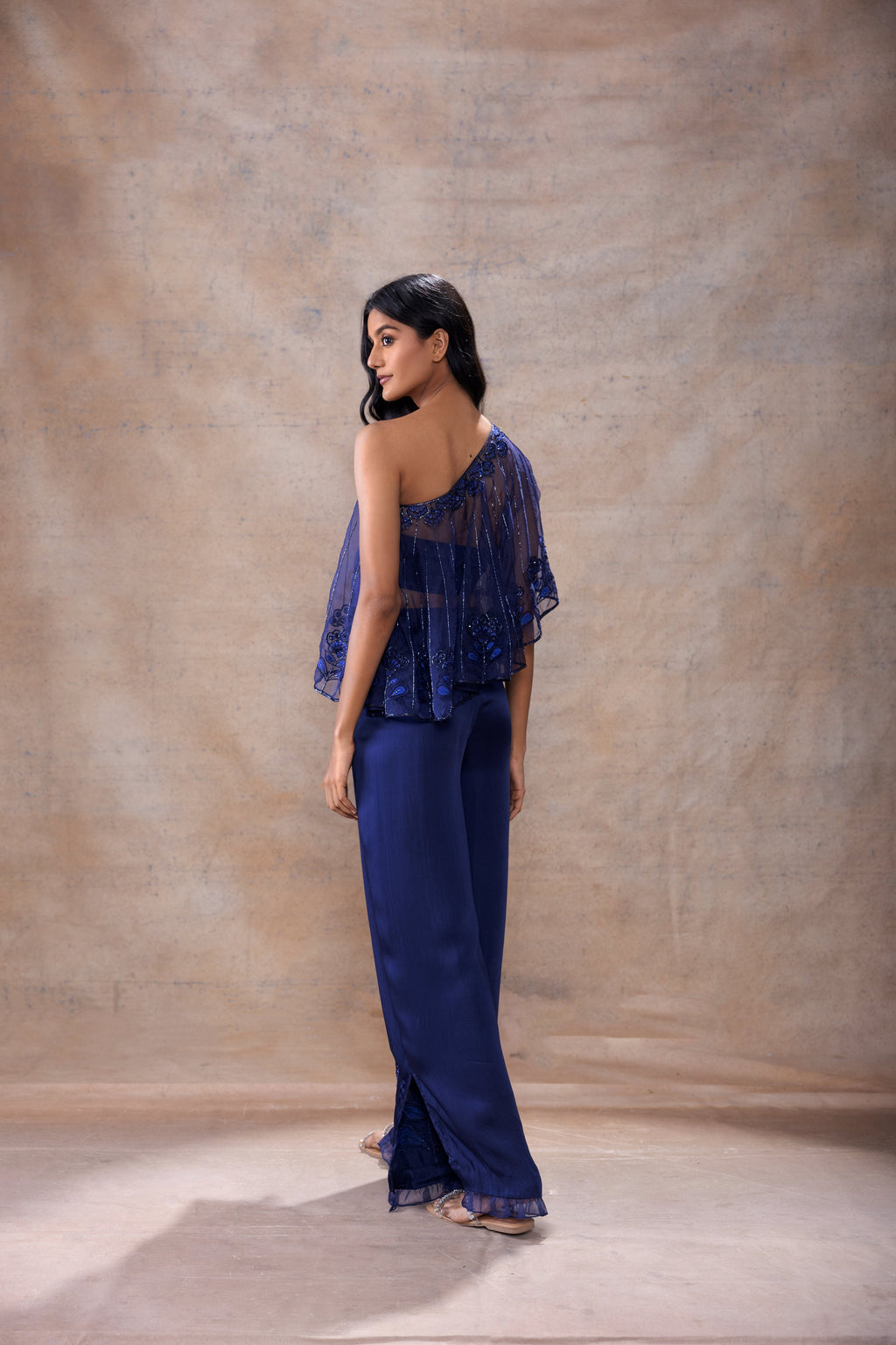 Cape with Bralette and Pant Set at Kamakhyaa by Akashi Clothing. This item is Complete Sets, Evening Wear, Hand Embroidered, missing, Modal Satin, Navy Blue, Organza, Party Wear, Relaxed Fit, Womenswear, Zaira by Akashi Clothing