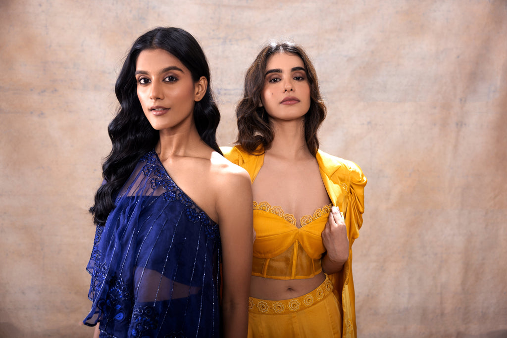 Cape with Bralette and Pant Set at Kamakhyaa by Akashi Clothing. This item is Complete Sets, Evening Wear, Hand Embroidered, missing, Modal Satin, Navy Blue, Organza, Party Wear, Relaxed Fit, Womenswear, Zaira by Akashi Clothing