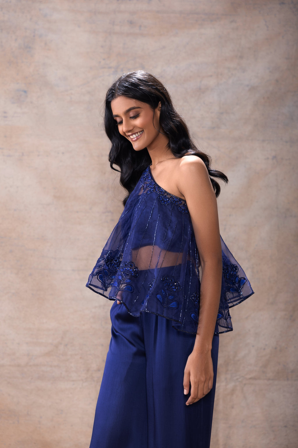Cape with Bralette and Pant Set at Kamakhyaa by Akashi Clothing. This item is Complete Sets, Evening Wear, Hand Embroidered, missing, Modal Satin, Navy Blue, Organza, Party Wear, Relaxed Fit, Womenswear, Zaira by Akashi Clothing