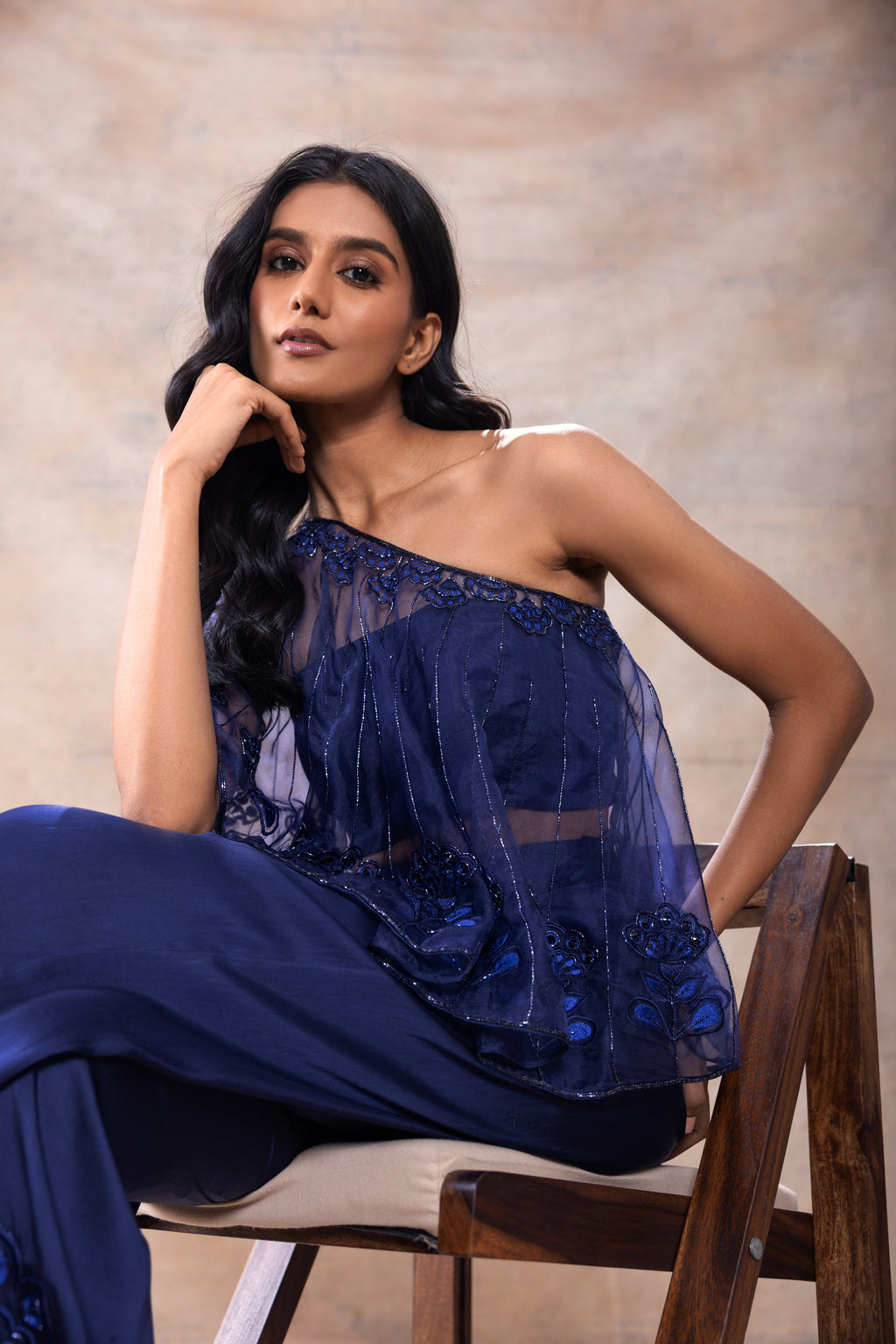 Cape with Bralette and Pant Set at Kamakhyaa by Akashi Clothing. This item is Complete Sets, Evening Wear, Hand Embroidered, missing, Modal Satin, Navy Blue, Organza, Party Wear, Relaxed Fit, Womenswear, Zaira by Akashi Clothing