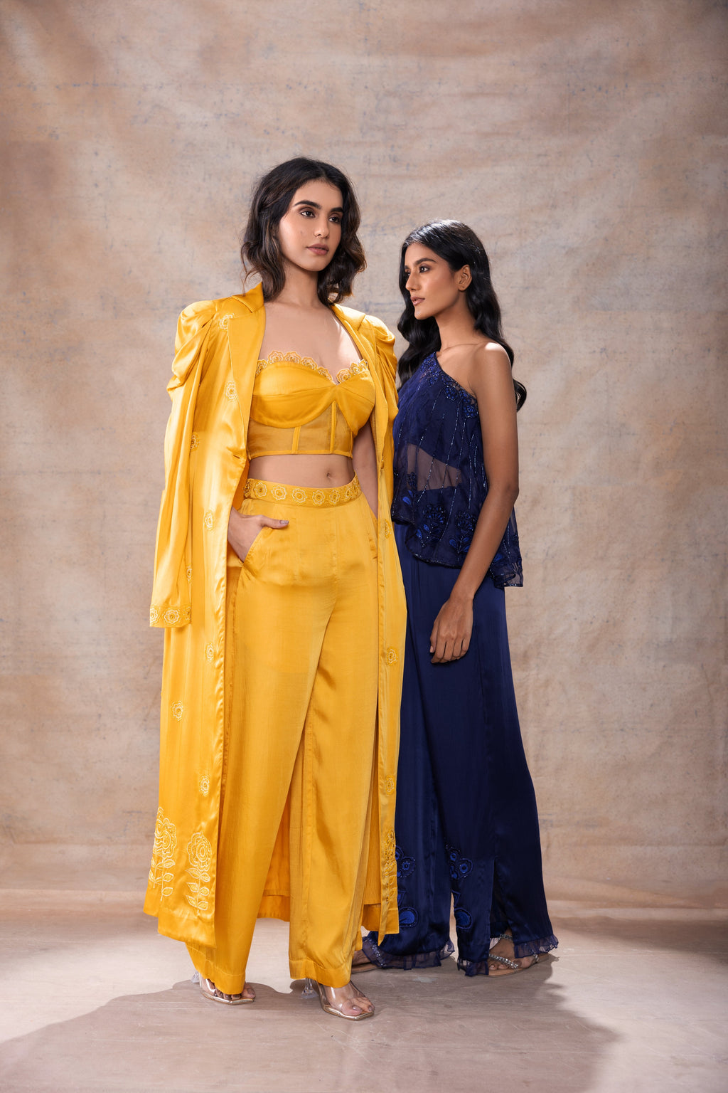 Cape with Bralette and Pant Set at Kamakhyaa by Akashi Clothing. This item is Complete Sets, Evening Wear, Hand Embroidered, missing, Modal Satin, Navy Blue, Organza, Party Wear, Relaxed Fit, Womenswear, Zaira by Akashi Clothing