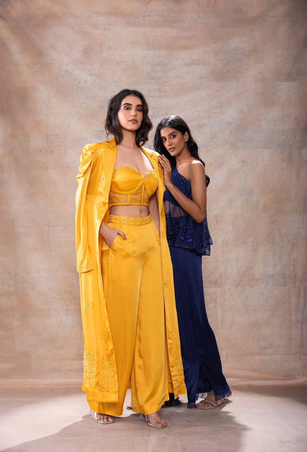 Cape with Bralette and Pant Set at Kamakhyaa by Akashi Clothing. This item is Complete Sets, Evening Wear, Hand Embroidered, missing, Modal Satin, Navy Blue, Organza, Party Wear, Relaxed Fit, Womenswear, Zaira by Akashi Clothing