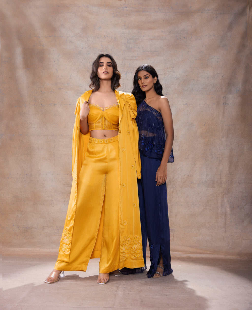Cape with Bralette and Pant Set at Kamakhyaa by Akashi Clothing. This item is Complete Sets, Evening Wear, Hand Embroidered, missing, Modal Satin, Navy Blue, Organza, Party Wear, Relaxed Fit, Womenswear, Zaira by Akashi Clothing