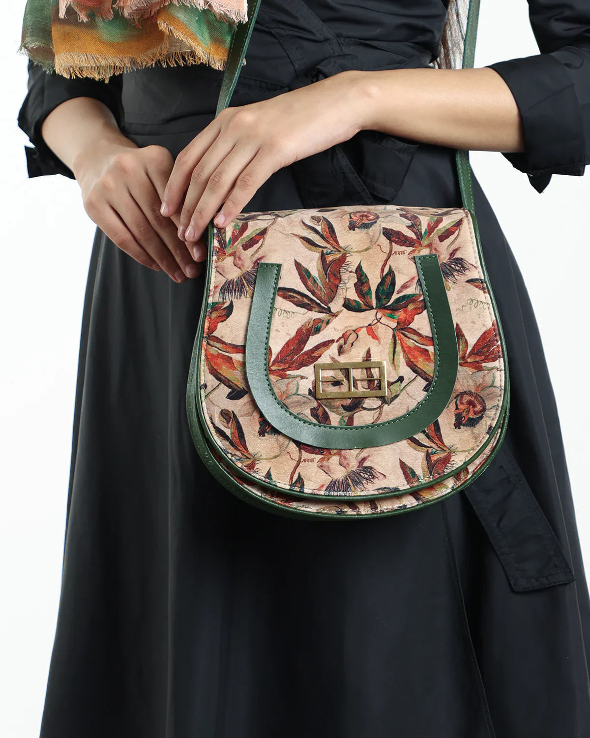 Casual Wear Hand Bag at Kamakhyaa by The Indian Trunk. This item is Artisan Made, Casual Wear, Free Size, Hand Bags, Leafy Pattern, leather, Multicolor, Velvet velour and leather