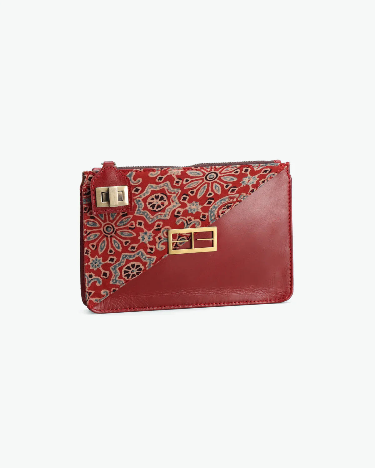 Casual Wear Red Clutch at Kamakhyaa by The Indian Trunk. This item is Artisan Made, Block Prints, Casual Wear, Clutches, Free Size, leather, Modal silk and leather, Red