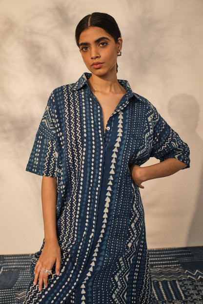 Casual Wear Shirt Dress at Kamakhyaa by Akashii Clothing. This item is 100% Blue Indigo Cotton, Bagru Prints, Blue, Casual Wear, handmade, Neeli by Akashi Clothing, Organic, Regular Fit, Shirt Dresses