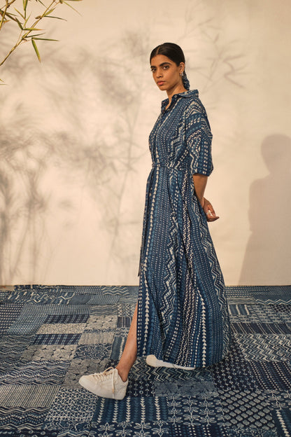 Casual Wear Shirt Dress at Kamakhyaa by Akashii Clothing. This item is 100% Blue Indigo Cotton, Bagru Prints, Blue, Casual Wear, handmade, Neeli by Akashi Clothing, Organic, Regular Fit, Shirt Dresses