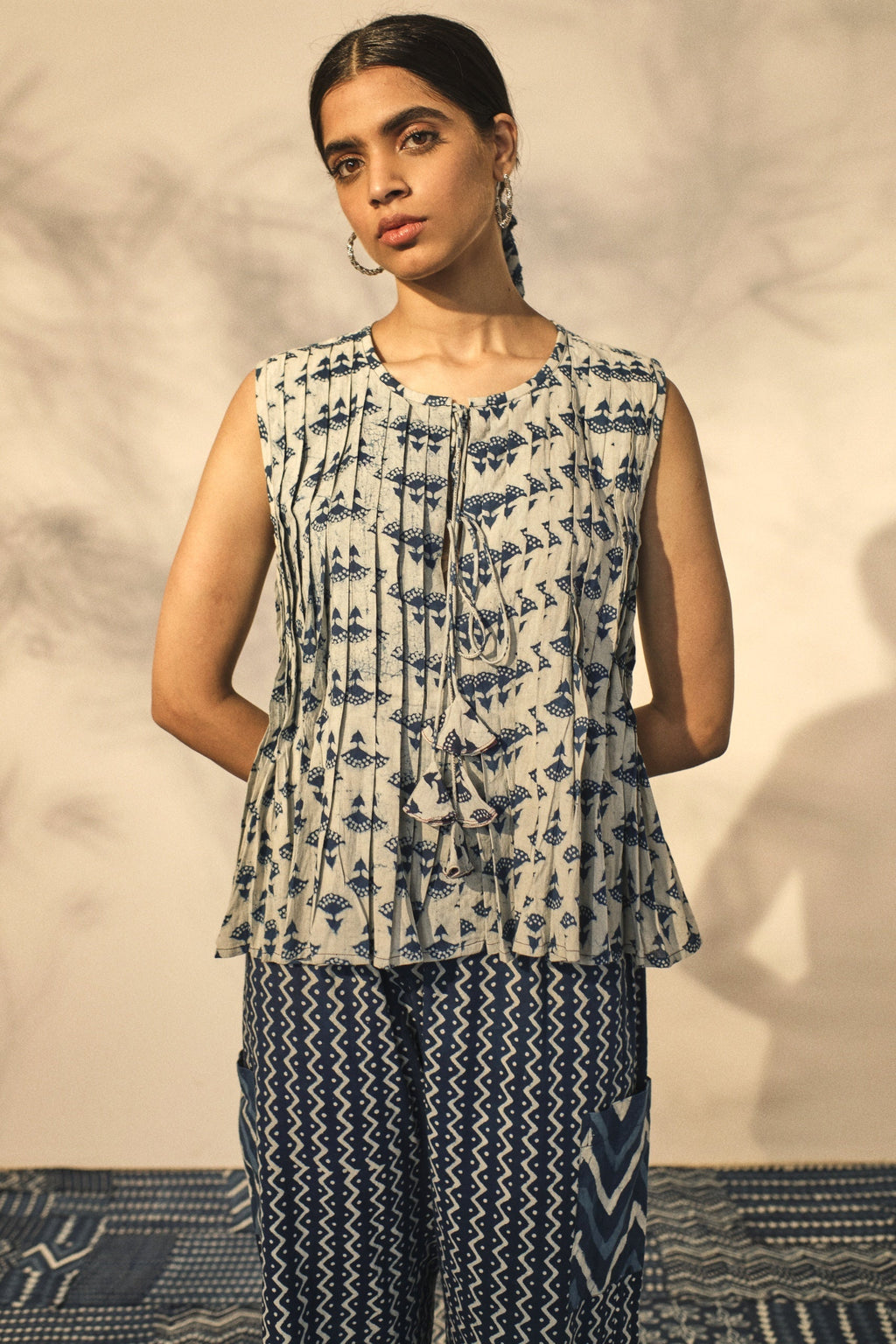 Casual Wear Sleeveless Top at Kamakhyaa by Akashii Clothing. This item is 100% Blue Indigo Cotton, Bagru Prints, Blue, Casual Wear, handmade, Neeli by Akashi Clothing, Organic, Regular Fit, Sleeveless Tops