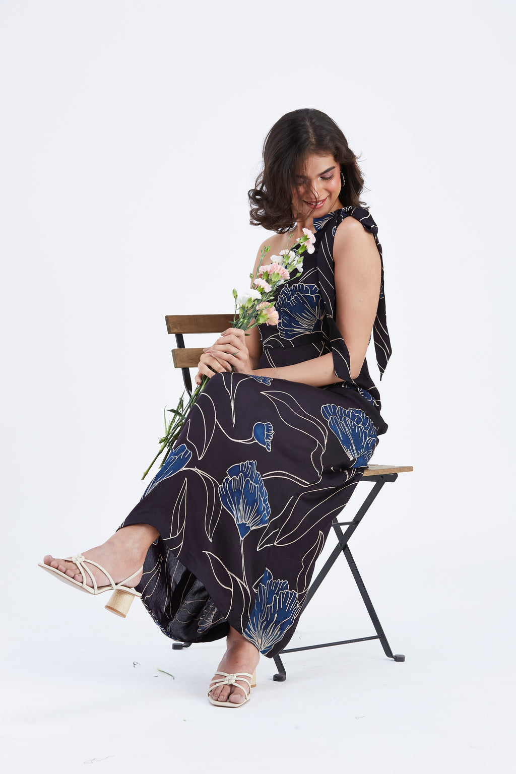 Cecilia Black Floral Hand Printed Cotton Dress at Kamakhyaa by Hasttvam. This item is Black, Cotton, Ete by Hasttvam, Floral Prints, Fusion Wear, Hand Printed, Womenswear