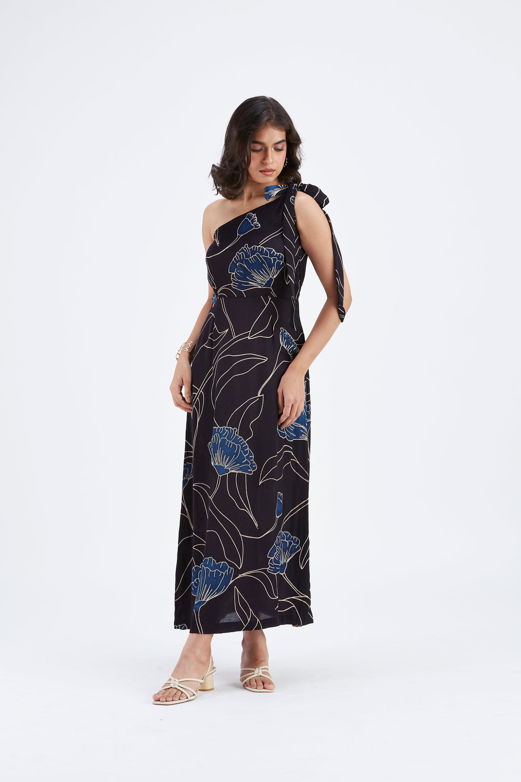 Cecilia Black Floral Hand Printed Cotton Dress at Kamakhyaa by Hasttvam. This item is Black, Cotton, Ete by Hasttvam, Floral Prints, Fusion Wear, Hand Printed, Womenswear