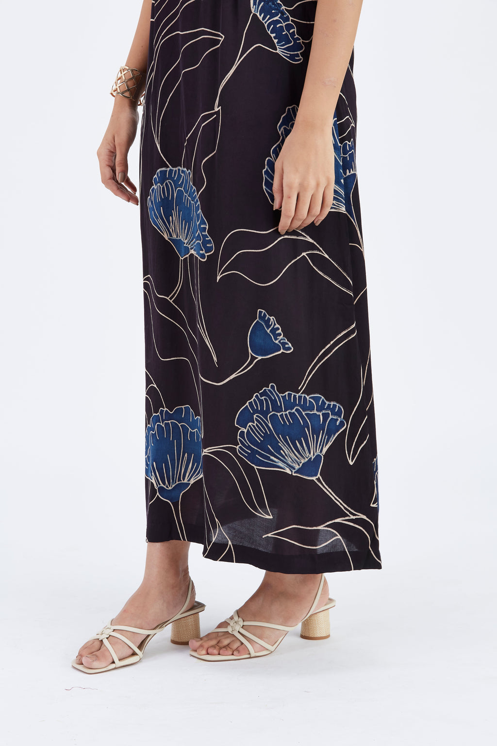 Cecilia Black Floral Hand Printed Cotton Dress at Kamakhyaa by Hasttvam. This item is Black, Cotton, Ete by Hasttvam, Floral Prints, Fusion Wear, Hand Printed, Womenswear