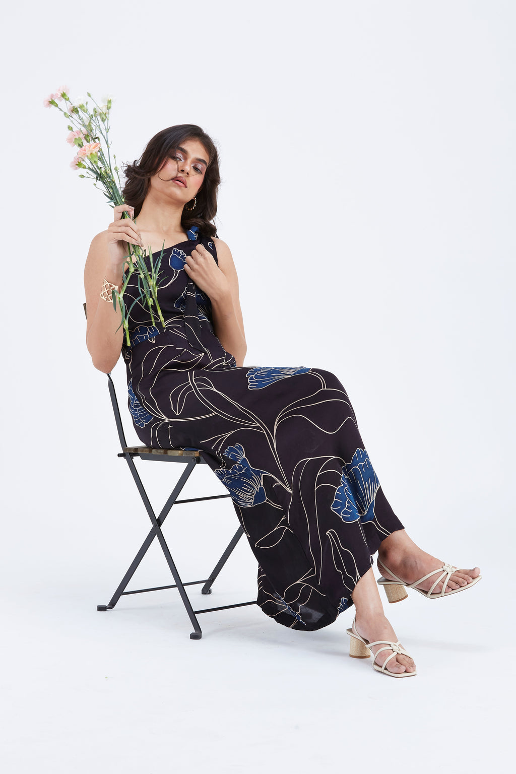 Cecilia Black Floral Hand Printed Cotton Dress at Kamakhyaa by Hasttvam. This item is Black, Cotton, Ete by Hasttvam, Floral Prints, Fusion Wear, Hand Printed, Womenswear