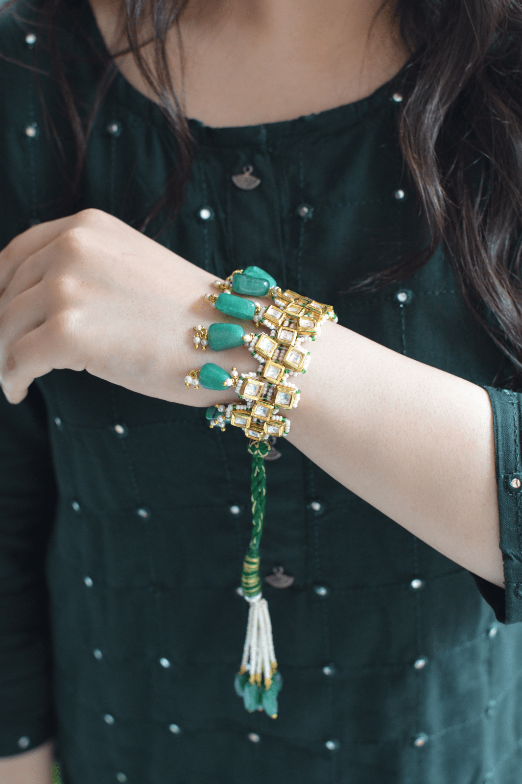 Chauki Haritah Bracelet at Kamakhyaa by House Of Heer. This item is Alloy Metal, Bracelets, Festive Wear, Free Size, Gemstone, jewelry, Multicolor, Natural, Pearl, Polkis, rakhis & lumbas, Textured