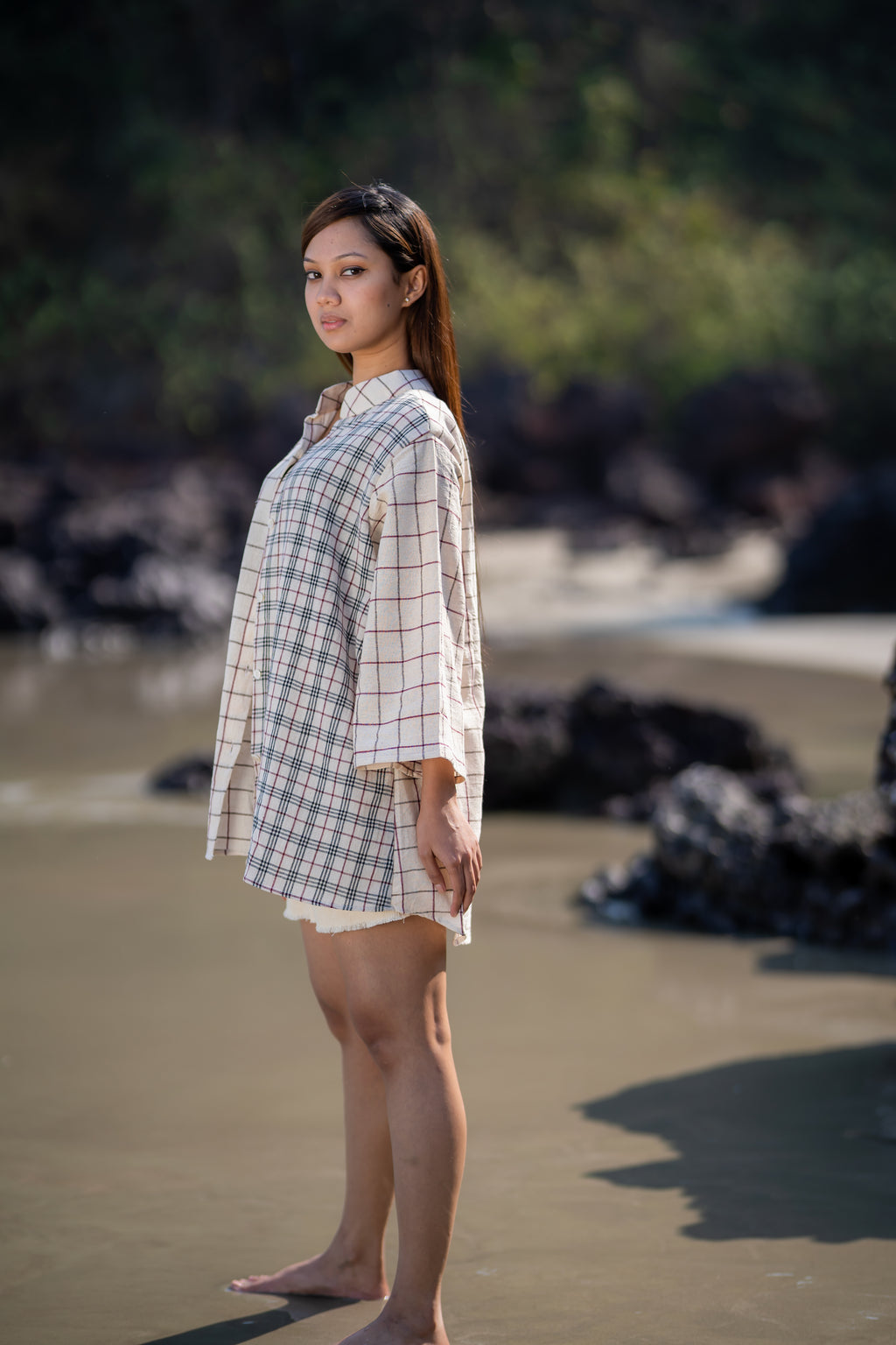 Checks Regular Fit Cotton Shirt with Mandarin Collar at Kamakhyaa by Krushnachuda. This item is Casual Wear, Checks, Handloom Cotton, Regular Fit, Shirts, Streetweer, White