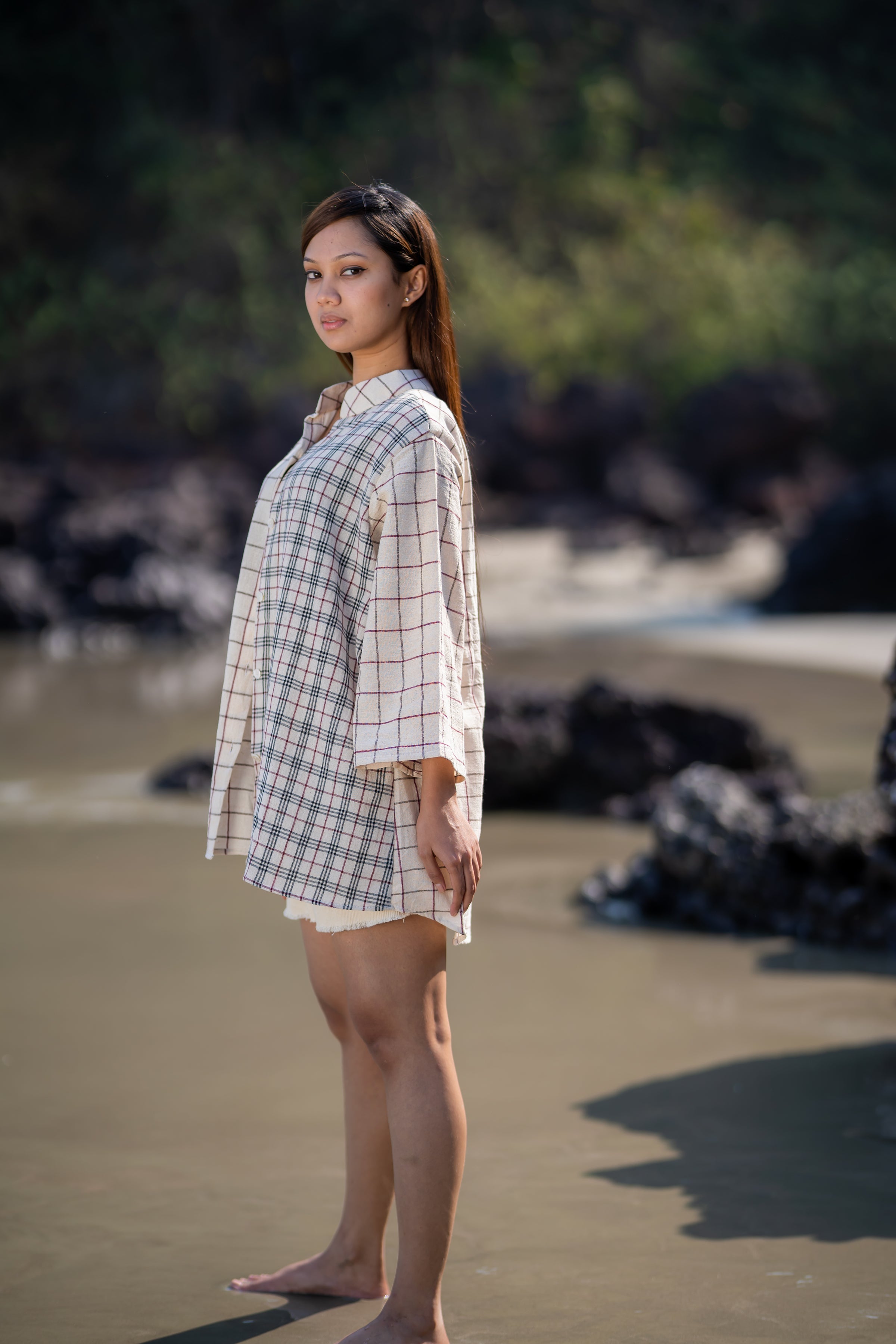 Checks Regular Fit Cotton Shirt with Mandarin Collar at Kamakhyaa by Krushnachuda. This item is Casual Wear, Checks, Handloom Cotton, Regular Fit, Shirts, Streetweer, White