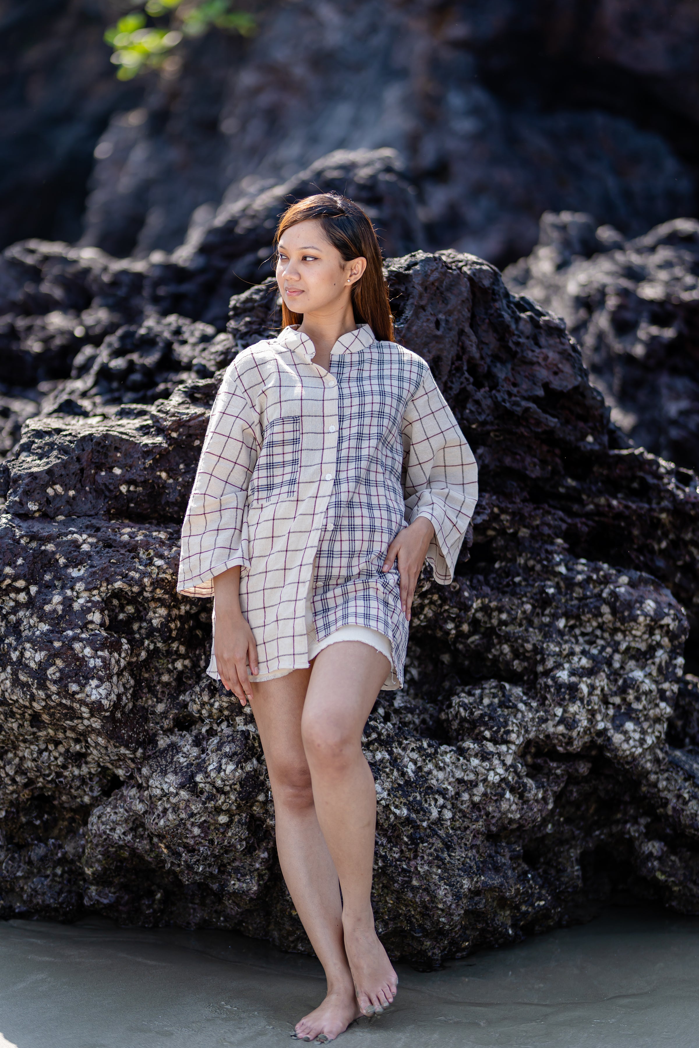 Checks Regular Fit Cotton Shirt with Mandarin Collar at Kamakhyaa by Krushnachuda. This item is Casual Wear, Checks, Handloom Cotton, Regular Fit, Shirts, Streetweer, White