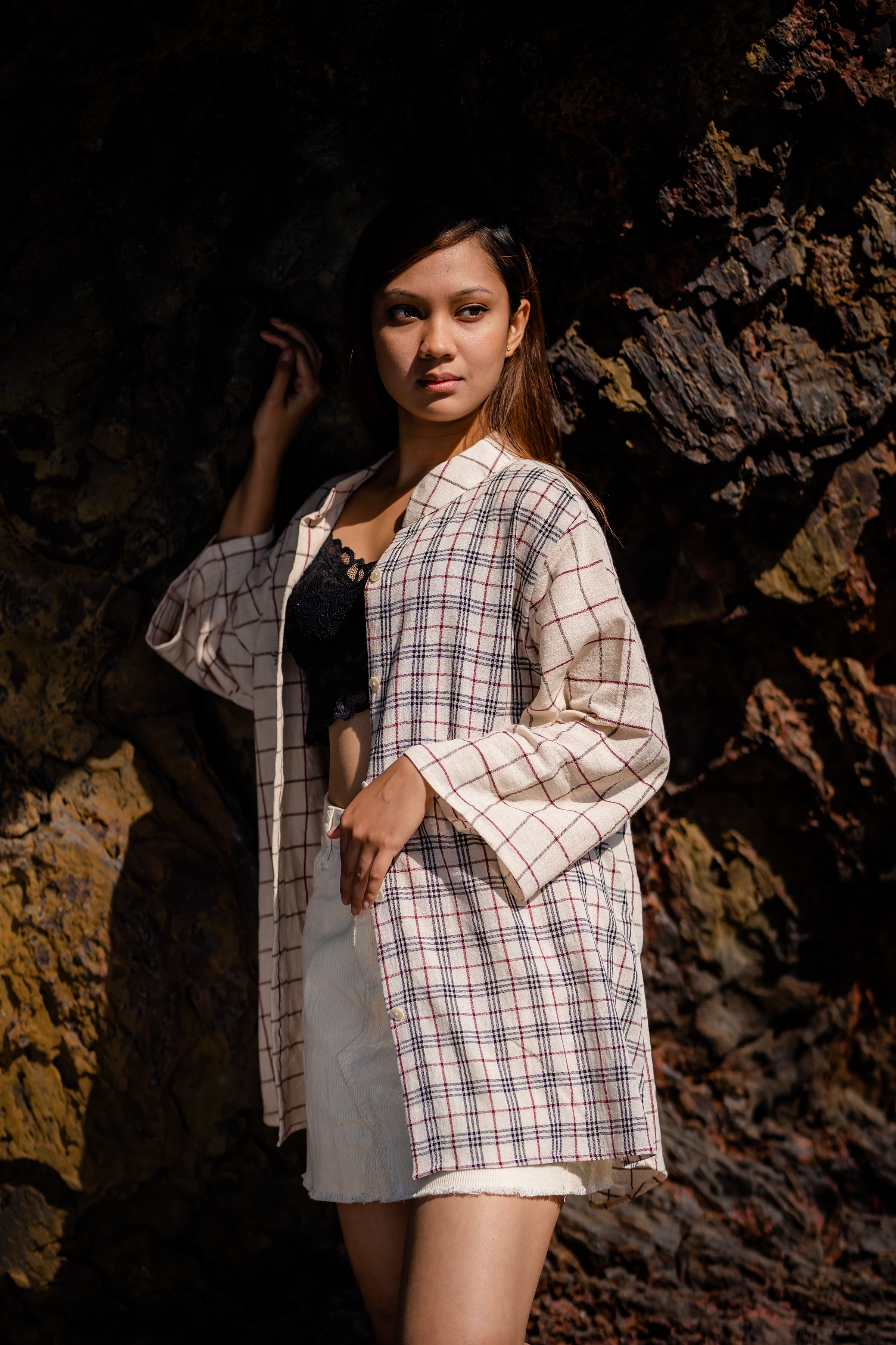 Checks Regular Fit Cotton Shirt with Mandarin Collar at Kamakhyaa by Krushnachuda. This item is Casual Wear, Checks, Handloom Cotton, Regular Fit, Shirts, Streetweer, White