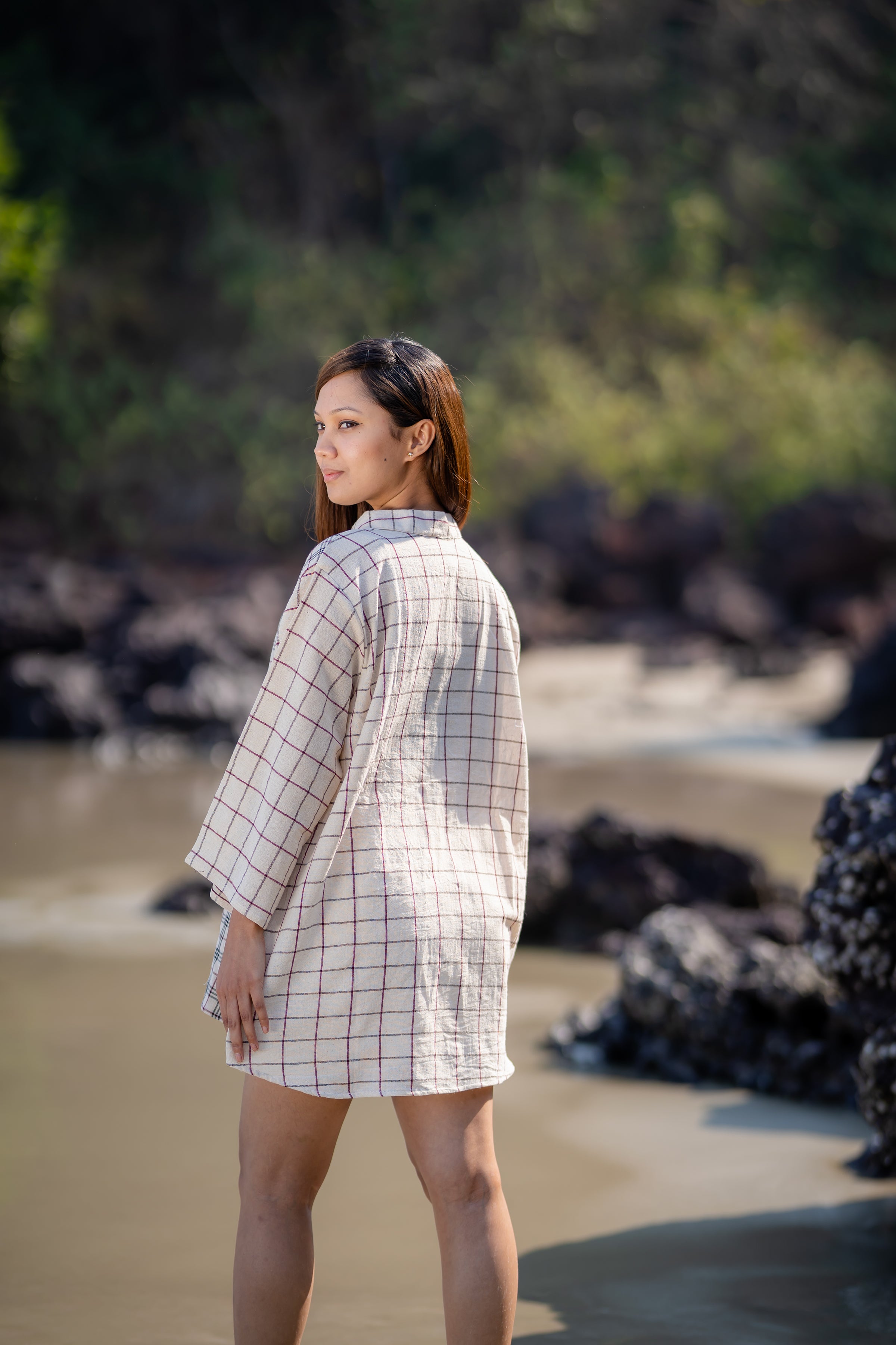 Checks Regular Fit Cotton Shirt with Mandarin Collar at Kamakhyaa by Krushnachuda. This item is Casual Wear, Checks, Handloom Cotton, Regular Fit, Shirts, Streetweer, White