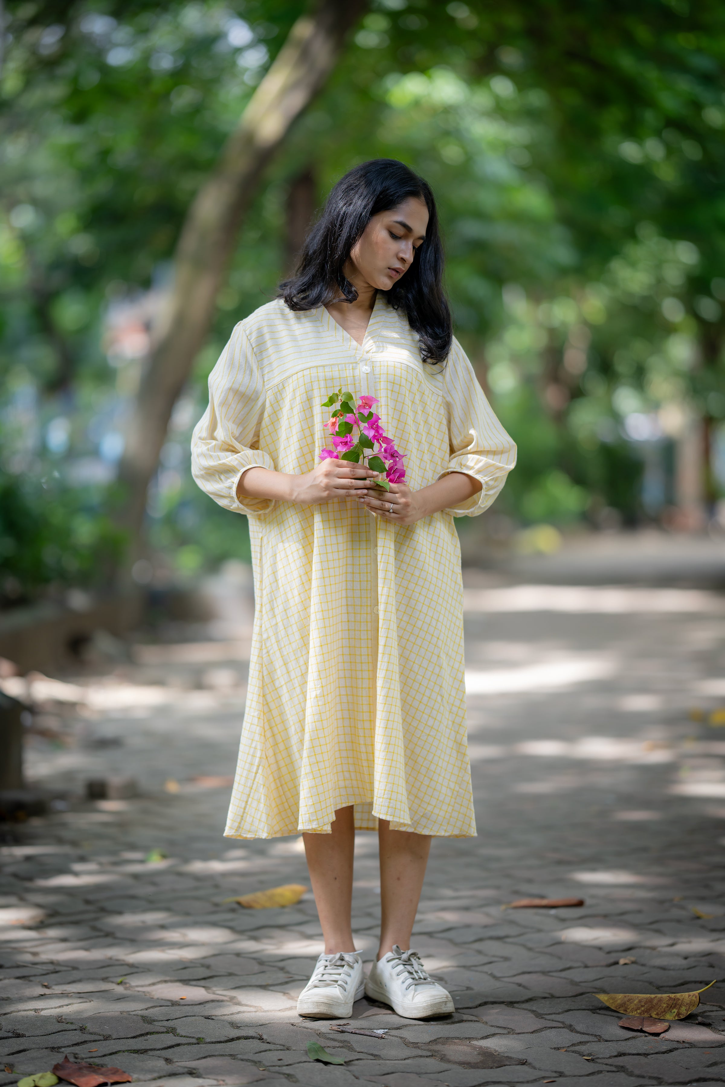 Checks & Stripes Summer Dress with Side Pockets at Kamakhyaa by Krushnachuda. This item is Checks, Handloom Cotton, Midi Dresses, Natural Dye, Organic, Relaxed Fit, Resort Wear, Yellow