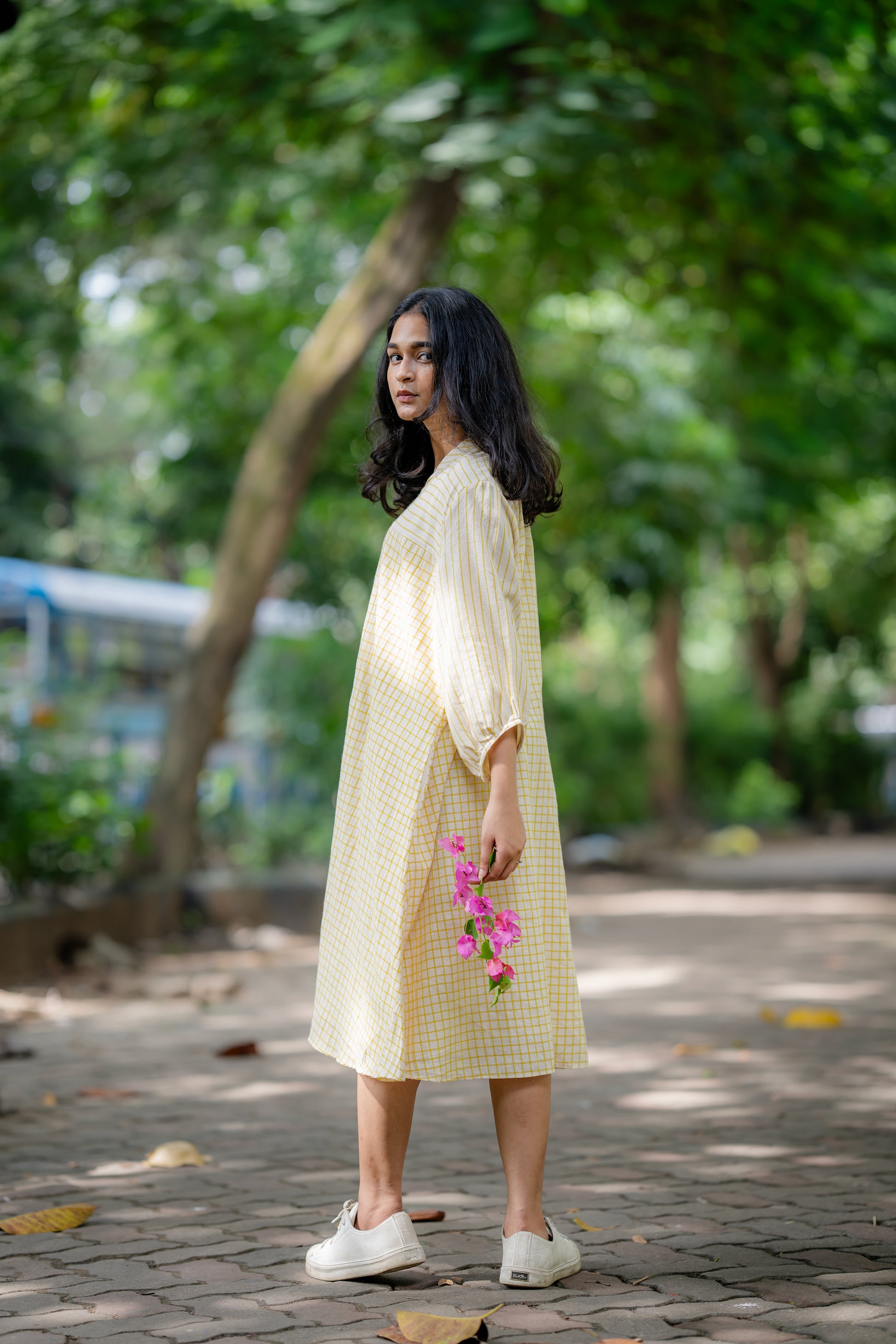 Checks & Stripes Summer Dress with Side Pockets at Kamakhyaa by Krushnachuda. This item is Checks, Handloom Cotton, Midi Dresses, Natural Dye, Organic, Relaxed Fit, Resort Wear, Yellow