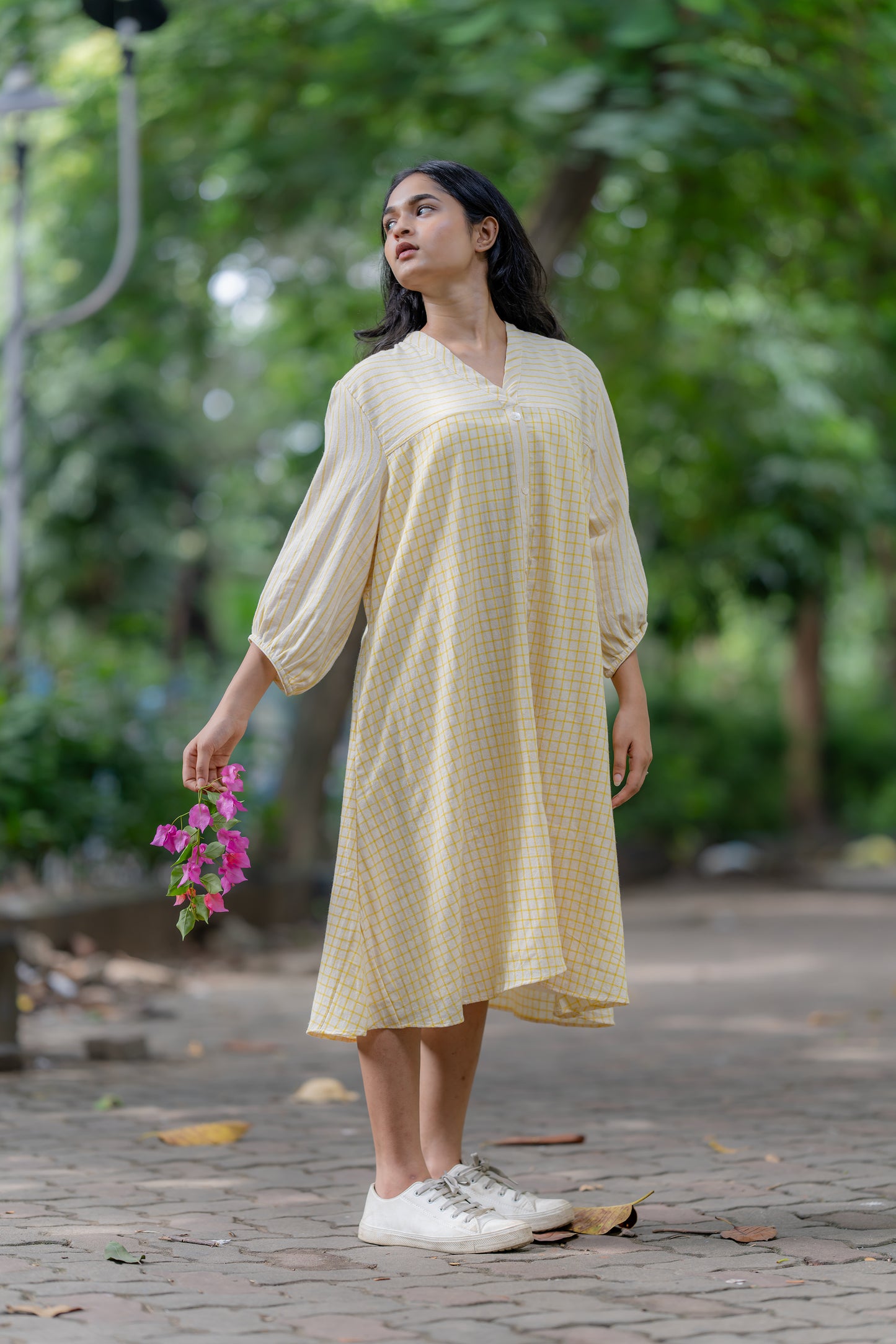 Checks & Stripes Summer Dress with Side Pockets at Kamakhyaa by Krushnachuda. This item is Checks, Handloom Cotton, Midi Dresses, Natural Dye, Organic, Relaxed Fit, Resort Wear, Yellow